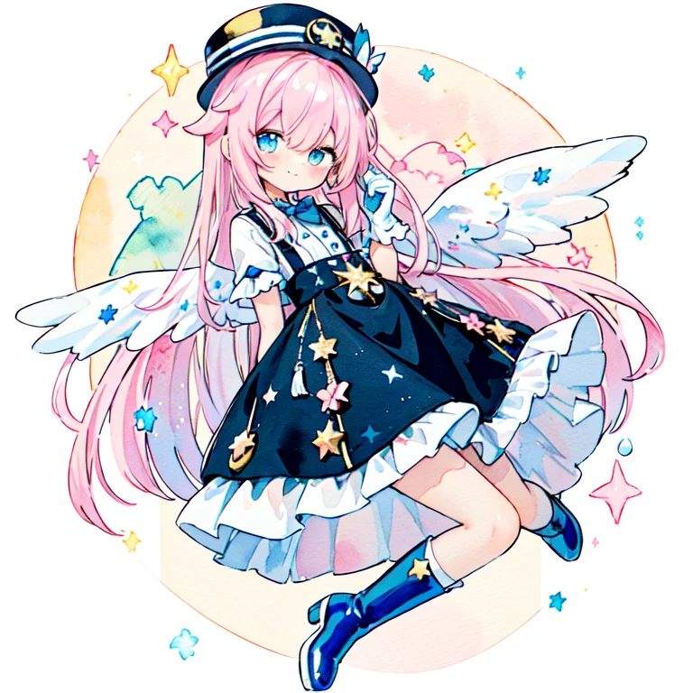 (PastelColors:1.3)、(Cute illustration:1.3)、(watercolor paiting:1.1)、white backgrounid、jumpping、levitation、A smile、Aster Harmony Garden Sprite,Pink longhair、Golden eyes、magician、sorcerer、black and light blue ruffle dress、Blue bow tie、White Long Gloves、Black and white checkered top hat with pocket watch decoration、Star Wand、Black boots、Big white wings on my back、
Moist makeup with pastel eyeshadow,
Add glitter and petal accents to the cheeks,