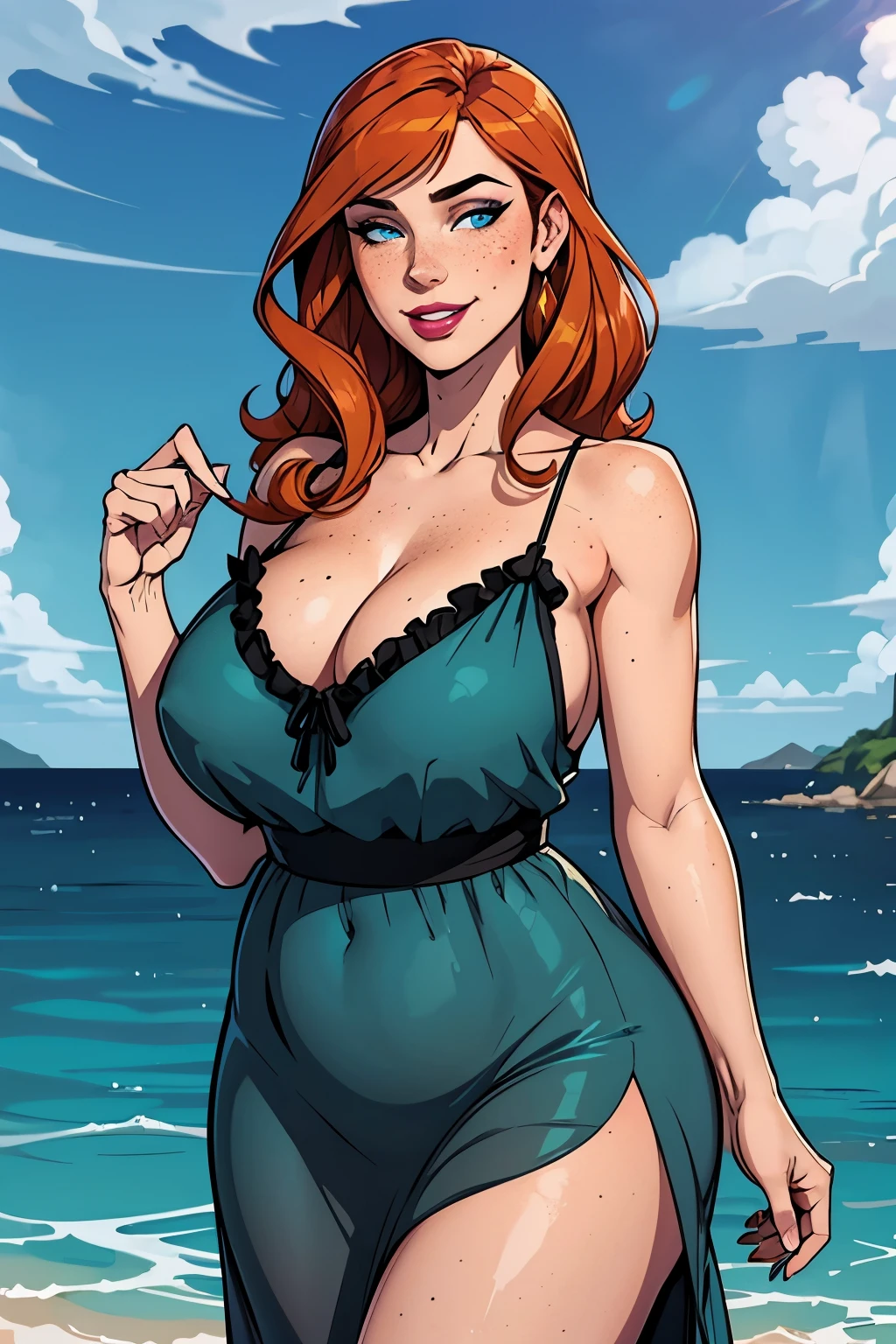 trans Male to female, plump pursed lips, freckles, long curly ginger hair with bangs, crystal blue eyes with smoky eye shadow and black eyeliner, black semi-matte lipstick, pale to sun-kissed skin, flirty smug smile, teal sundress, large futanari bulge