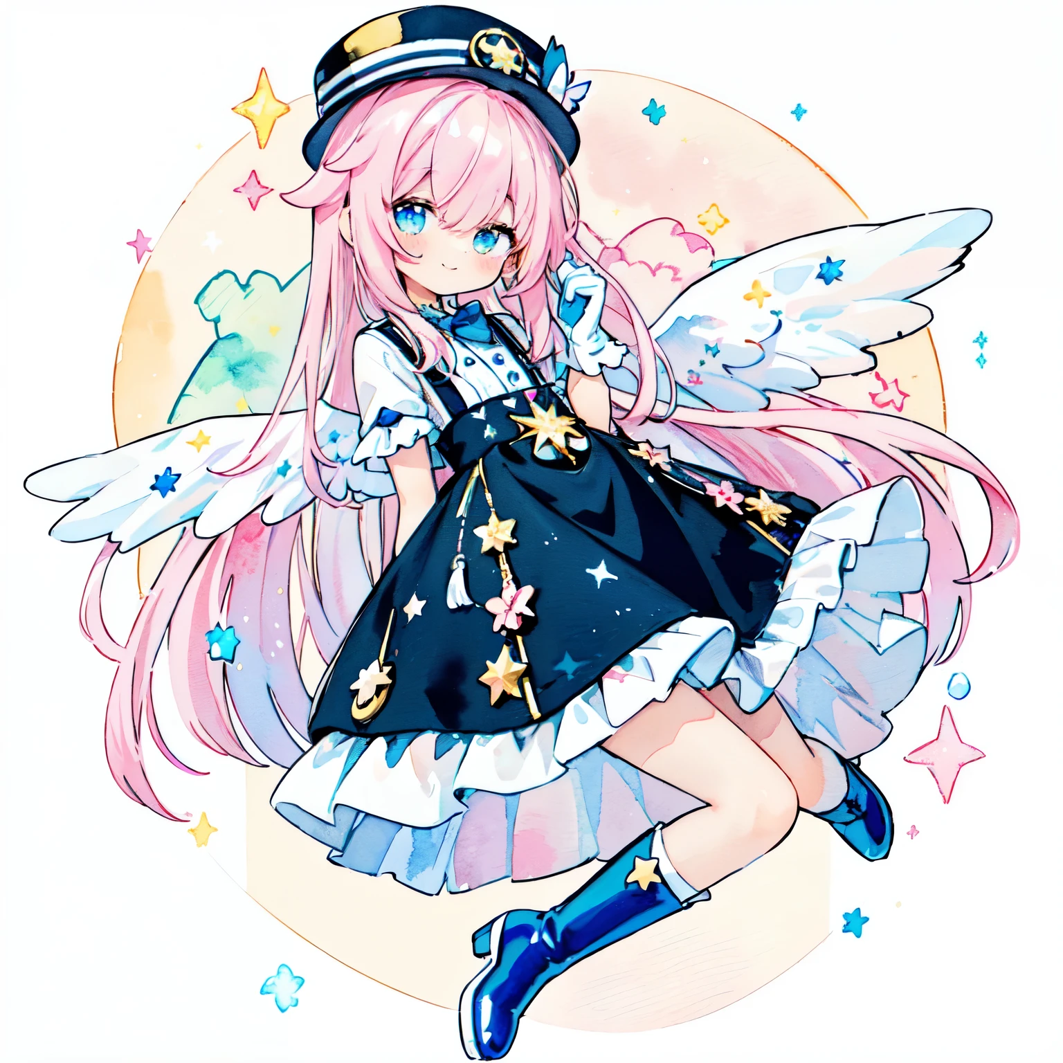(PastelColors:1.3)、(Cute illustration:1.3)、(watercolor paiting:1.1)、white backgrounid、jumpping、levitation、A smile、Aster Harmony Garden Sprite,Pink longhair、Golden eyes、magician、sorcerer、black and light blue ruffle dress、Blue bow tie、White Long Gloves、Black and white checkered top hat with pocket watch decoration、Star Wand、Black boots、Big white wings on my back、
Moist makeup with pastel eyeshadow,
Add glitter and petal accents to the cheeks,