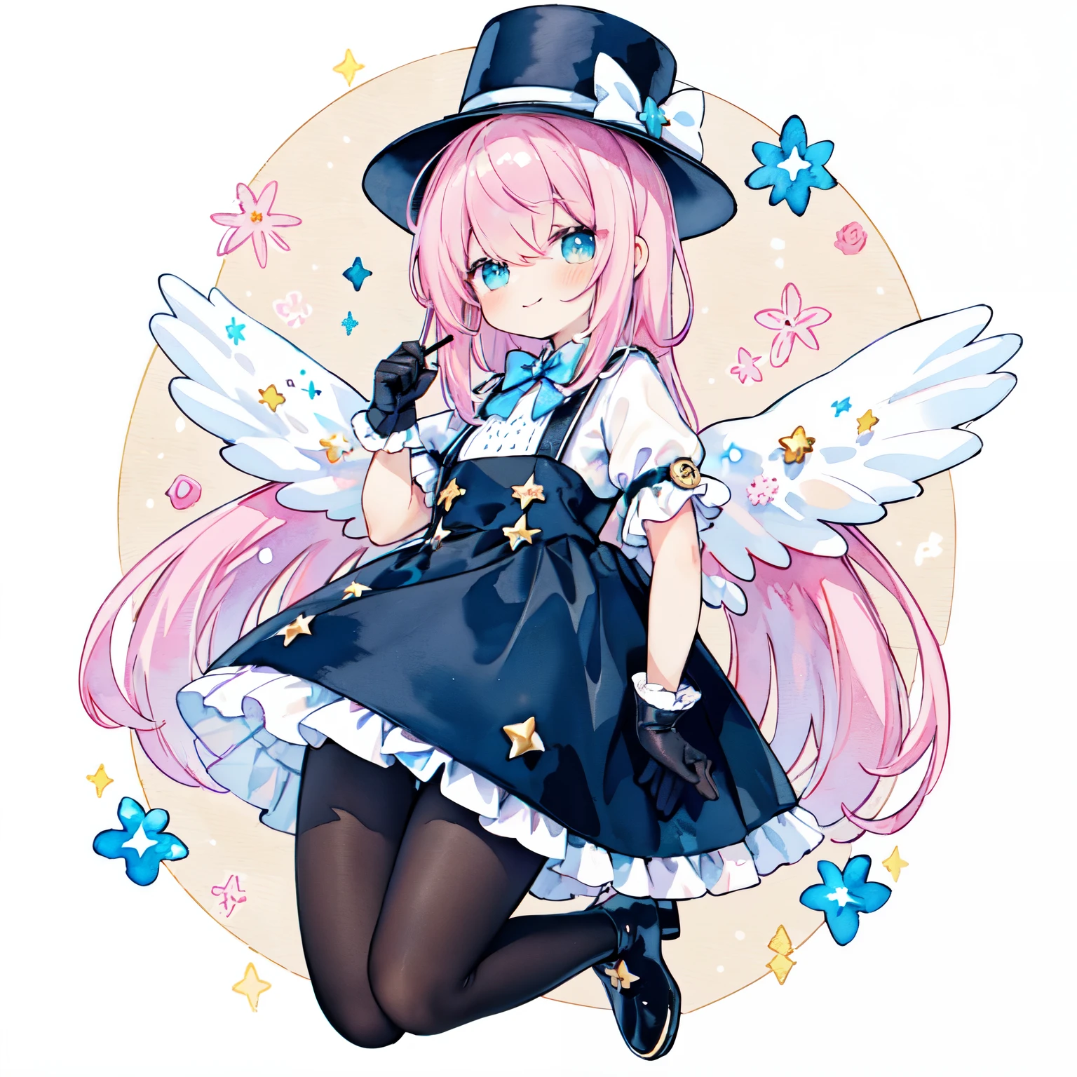 (PastelColors:1.3)、(Cute illustration:1.3)、(watercolor paiting:1.1)、white backgrounid、jumpping、levitation、A smile、Aster Harmony Garden Sprite,Pink longhair、Golden eyes、magician、sorcerer、black and light blue ruffle dress、Blue bow tie、White Long Gloves、Black and white checkered top hat with pocket watch decoration、Star Wand、Black boots、Big white wings on my back、
Moist makeup with pastel eyeshadow,
Add glitter and petal accents to the cheeks,