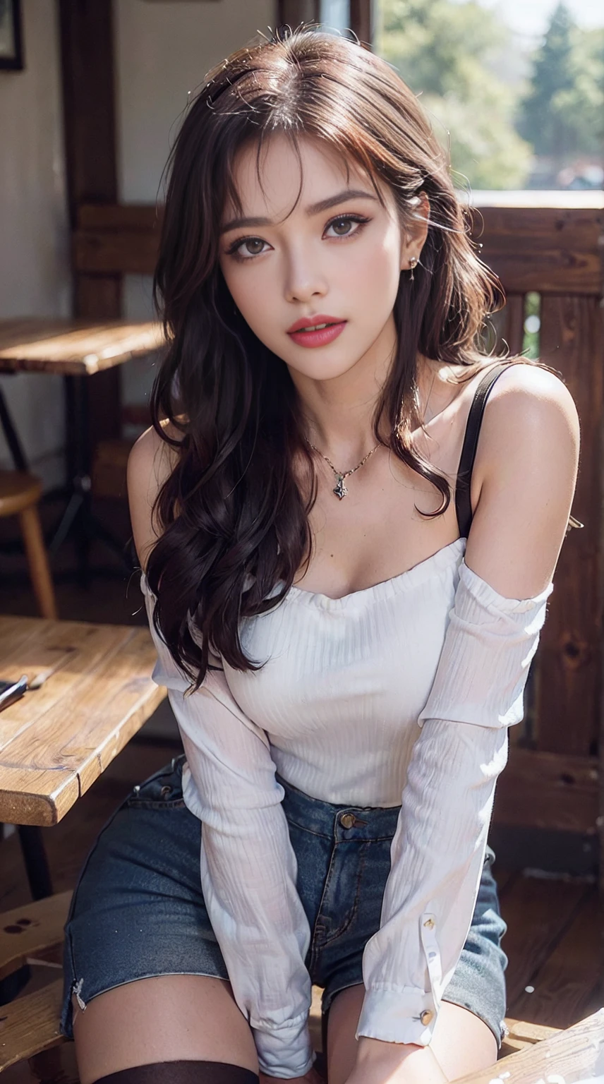 (realistic, high resolution:1.3), 1 girl with perfect figure, super fine face and eyes, long hair, tank top: 1.2 in random colors, short jeans, in a café, coffee on the table, small breasts, exposed cleavage,(20d:1.2),(thigh highs:1.4)((Detailed eyes)) ((detailed hair)), detailed skirt, detailed body, ((detailed face)) (top quality, 8k, masterpiece: 1.retty woman with perfect figure: 1.4, dark brown hair, big, wearing pendants, torn shorts, very detailed face and skin, detailed eyes, double eyelids, top quality, masterpiece, (photorealistic: 1.4), one woman, golden ratio, upper eye care, perfect face, beautiful figure, face close-up, long hair, gloss, highlight, gloss, glossy on skin, glossy on skin, wet skin, wet, bangs, cute smile, bust, off-shoulder, refreshing charm, elegant, perfect hands, shiny, highlight, glossy skin, bangs, bust, big, Warm off-shoulder, refreshing charm, ears out, gaze to the camera, poses at different angleshttps,(((Flawless Skin, Blushing Red Cheeks, Glitter Eyes and Aegyo Sal, Natural eyebrows, Curled eyelashes and thin eyeliner Blurred lips to look sexier))) ((((detail)))) ((((climax))))