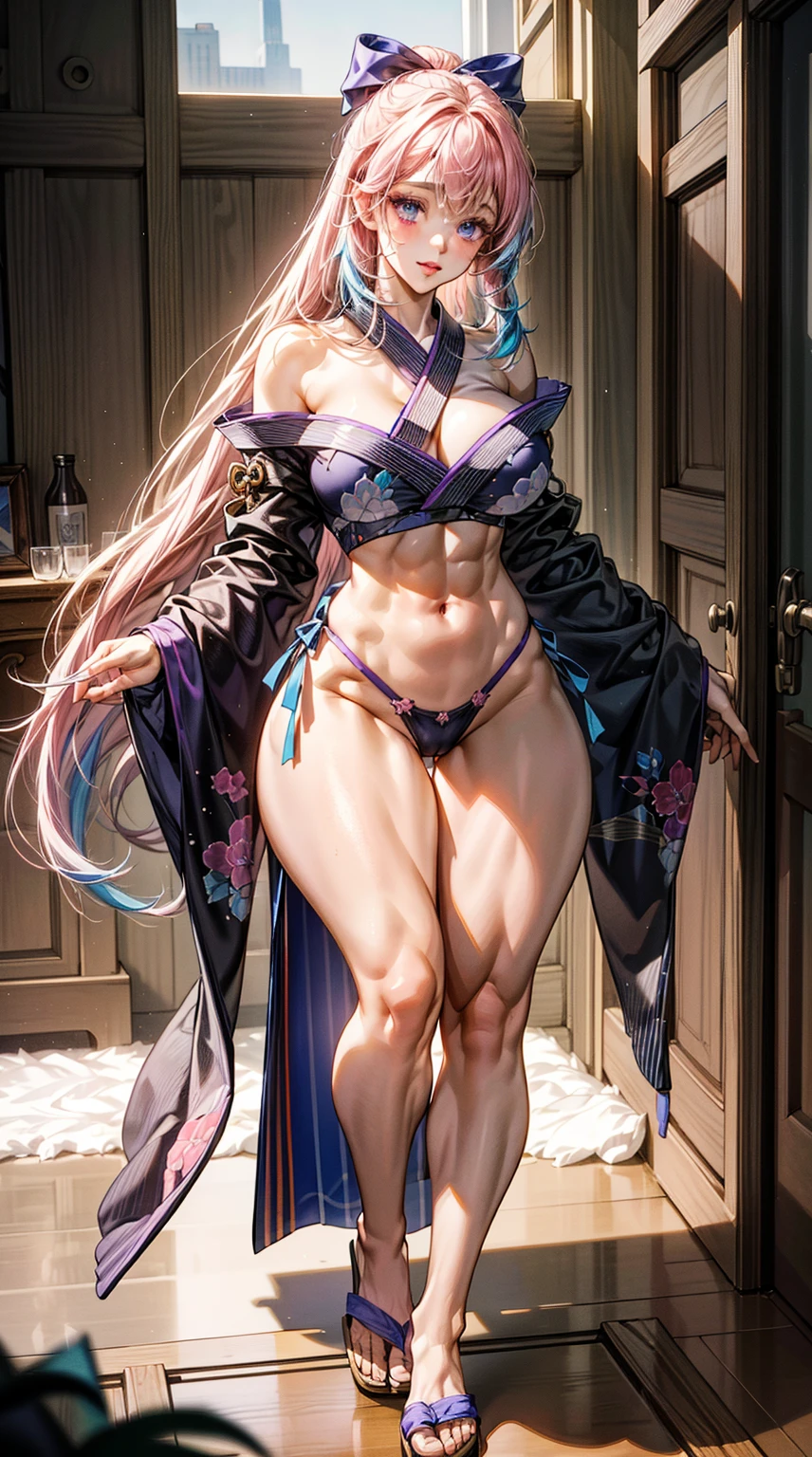(best quality:1.2, Absurdres), (masterpiece:1.4,ultra detailed),1girl,solo,pink_hair, multicolored_hair, bow-shaped_hair, purple_eyes,blue_hair, gradient_hair, blue_eyes,long eyelashes,makeup,pink lips,thick lips, intricate details, gorgeous girl,detailed eyes and detailed face, (white and blue kimono top,pink ?????:1.4,midriff), long hair,sidelock, bangs,straight hair,shiny skin,soft, soft volumetric lighting, perfectly drawn hands, full body,((thick thighs:0.8, wide ????, narrow waist,curvy,toned,soft thighs,thigh gap, perfect body, large ???:0.6,navel)),(????????????????:1),(from front:1.5),????????,dynamic pose,standing, (artstation:1.2),in a fancy livingroom,depth of field,face focus