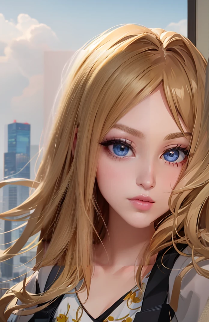 young girl show full image in a city background