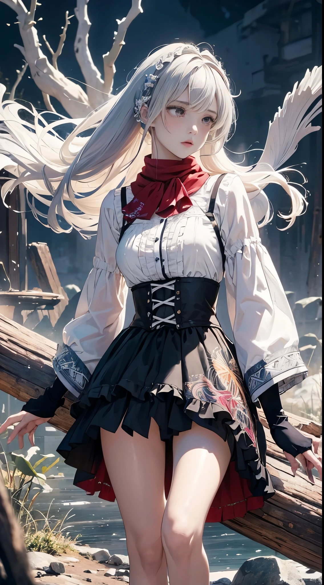 1womanl, 20yr old, (Ideal body proportionocus above the calf), Modern old town view, ((Lolita costume)), (((Red muffler))), Wet, white skinned, slenderness, Dark hair, Long hair, beautifullegs, surrealism, Cinematic lighting, depth of fields, One-person viewpoint, f/1.8, 135 mm, NFFSW, masutepiece, ccurate, Anatomically correct, Textured skin, Super detail, High details, High quality, awardwinning, Best quality, A high resolution, 8K,abstract expressionist painting abstract beauty,centered,((looking at the camera:1.2)),(approaching perfection:1.4),dynamic,moonlight,highly detailed,digital painting,artstation,concept art,smooth,sharp focus,illustration,art by Carne Griffiths and Wadim Kashin . energetic brushwork, bold colors, abstract forms, expressive, emotional, official art,unity 8k wallpaper,ultra detailed,beautiful and aesthetic,masterpiece,best quality,(zentangle, mandala, tangle, entangle),(fractal art:1.3),1girl,extremely detailed,dynamic angle,((cowboyshot:1.5)),(ruffle skirt),(medium breasts:1.3),the most beautiful form of chaos,elegant,a brutalist designed,vivid colours,romanticism,by james jean,roby dwi antono,ross tran,francis bacon,michal mraz,adrian ghenie,petra cortright,gerhard richter,takato yamamoto,ashley wood,atmospheric,ecstasy of musical notes,streaming musical notes visible,