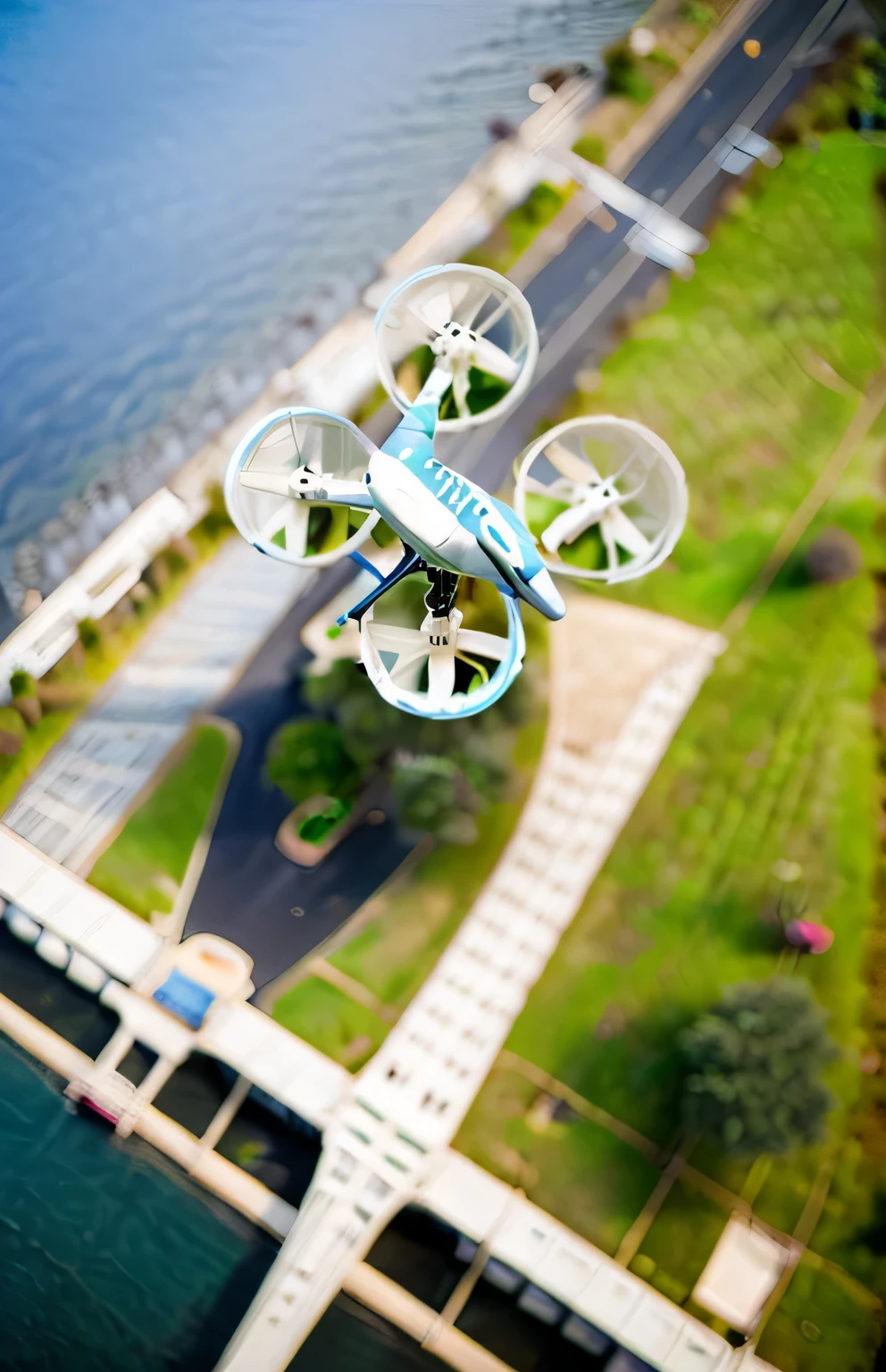 a close up of a small white UAVs with a propeller, UAVs, hovering UAVs, flying UAVss, UAVss, UAVs, UAVs camera angle, reaver UAVs, punkUAVs, [ down view ]!!, color aerial photo UAVs, Top corner view, robotic UAVss, Wide-angle overhead shooting, DJI top-down view, full - length view. white plastic, 2 d down view，Plan attached：Empty product photography background，Adak green flowers stand in the forest，vray style，light violet，Romantic soft focus and ethereal light，highly detailed environments，miniaturecore，Low depth of field，woody，k hd，the detail，8K small green plants and trees on rocks，concept death art style，furnace，
photo montage，Motion blur panorama，Realistic blue sky，Solomon，Organ ic materials，Digital enhancement--ar 3:4--5750--w 2--V 5.2