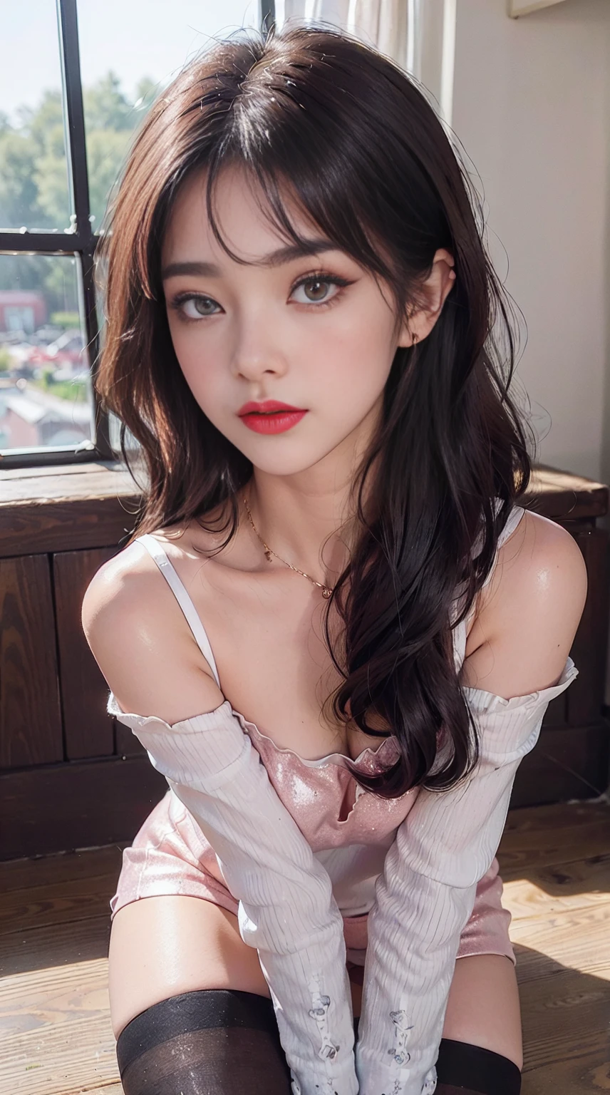 (realistic, high resolution:1.3), 1 girl with perfect figure, super fine face and eyes, long hair, tank top: 1.2 in random colors, short jeans, in a café, coffee on the table, small breasts, exposed cleavage,(20d:1.2),(thigh highs:1.4)((Detailed eyes)) ((detailed hair)), detailed skirt, detailed body, ((detailed face)) (top quality, 8k, masterpiece: 1.retty woman with perfect figure: 1.4, dark brown hair, big, wearing pendants, torn shorts, very detailed face and skin, detailed eyes, double eyelids, top quality, masterpiece, (photorealistic: 1.4), one woman, golden ratio, upper eye care, perfect face, beautiful figure, face close-up, long hair, gloss, highlight, gloss, glossy on skin, glossy on skin, wet skin, wet, bangs, cute smile, bust, off-shoulder, refreshing charm, elegant, perfect hands, shiny, highlight, glossy skin, bangs, bust, big, Warm off-shoulder, refreshing charm, ears out, gaze to the camera, poses at different angleshttps,(((Flawless Skin, Blushing Red Cheeks, Glitter Eyes and Aegyo Sal, Natural eyebrows, Curled eyelashes and thin eyeliner Blurred lips to look sexier))) ((((detail)))) ((((climax))))