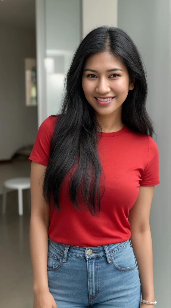 smiling woman with black hair and a red shirt and jeans, south east asian with round face, big smile on her face, indian girl with brown skin, with very thin lips, modern darna-nivanh chanthara-sasha compère-jenna ushkowitz-kimora lee simmons-stephanie beatriz-lucy liu-melissa gorga merged, entire body visible, full body, hyperrealistic, real human skin, best quality, 8K, masterpiece, extremely intricate, detailed eyes, detailed face, detailed body, exaggerated features, pronounced features, fujifilm, thin physique, cute face, girl next door