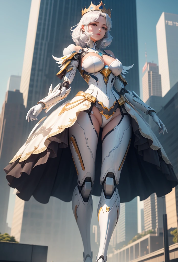 (Detailed illustrations,Very detailed and detailed drawing,Delicate lines with slow and rapid,Realistic texture expression),[Color tressed main line],[Skyscrapers of a modern city can be seen in the distance],(ANIME)(A giant white ROBOTGirl towering over the building area(SKINNY) [Total length 40 meters]),[AUTOMATON] (A painstaking face like a sculpture [ROBOT FACE[Blue-white glowing eyes]])[[Titanium skeleton](Delicate thin fingers) (MACHINEKNIGHT)],[It is called the princess lily of white porcelain] ((Elegant exterior with many curved surfaces [smooth body surface]) (large crown [[large raised shoulder pad]])) (Ruffle Petticoat) [White lily pattern],[[TITANWEAPON]] Mecha Body Metal Skin [Cable running down the body surface [gear wheel]],[Platinum coating],[Science Fiction Mechanical],(Huge feeling),(Intricate and beautiful decoration [Dense detail]),[Transparency],[long and beautiful eyelashes],[Meticulously drawn hair [美しく艷やかな髪のdetaileds]],(完璧な手のdetaileds [Beautiful fingers without breakdowns [Beautiful nails]]),(Perfect Anatomy(Perfectly proportioned))[[Full body like]],[Ideal color coordination(Accurate simulation of light-material interactions)],([Precision Detail](detaileds,high-detail)),[Visual art that conveys a sense of narrative].
