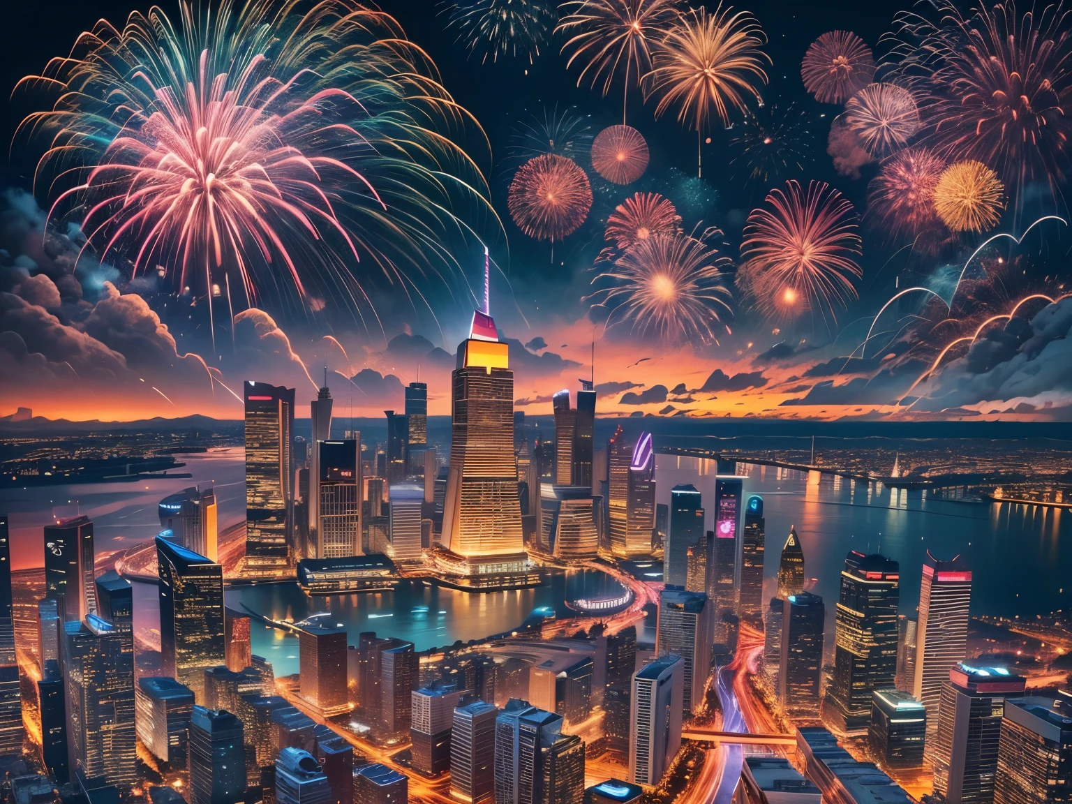 "(best quality, highres, ultra-detailed), cityscape, river, cruise ship, lights, fireworks, wide-angle lens, high-definition photography, vibrant colors, glowing reflections, bustling  scene, dramatic night sky, architectural details, sparkling water, dynamic composition, breathtaking panoramic view, immersive atmosphere, energetic city lights, majestic cruise ship, vibrant fireworks display, crisp and clear details, stunningly realistic, surreal illusions, striking contrast,  captivating cinematic experience"