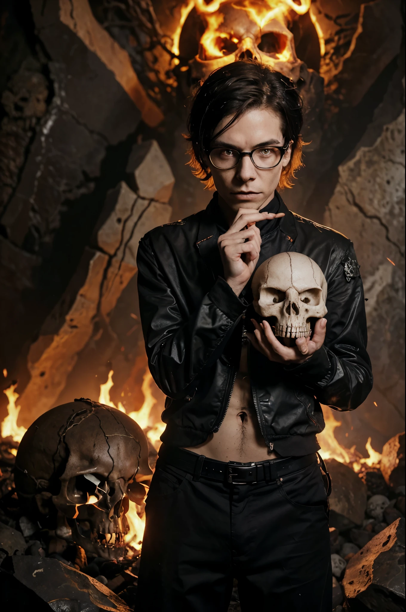 skinny teenage demon boy with disheveled hair wearing glasses, [red|white] hair, [orange | purple] eyes, terrible black suit, ((holding the skull of [human|creature])), in hell, molten lava, rocks, skulls of [creatures|people], (illustration:1.1), (perfect details:1.1), landscape, background, abstraction, harsh lighting, edge illumination, (8k) (best quality: 1.4), (masterpiece: 1.3), over-detailed