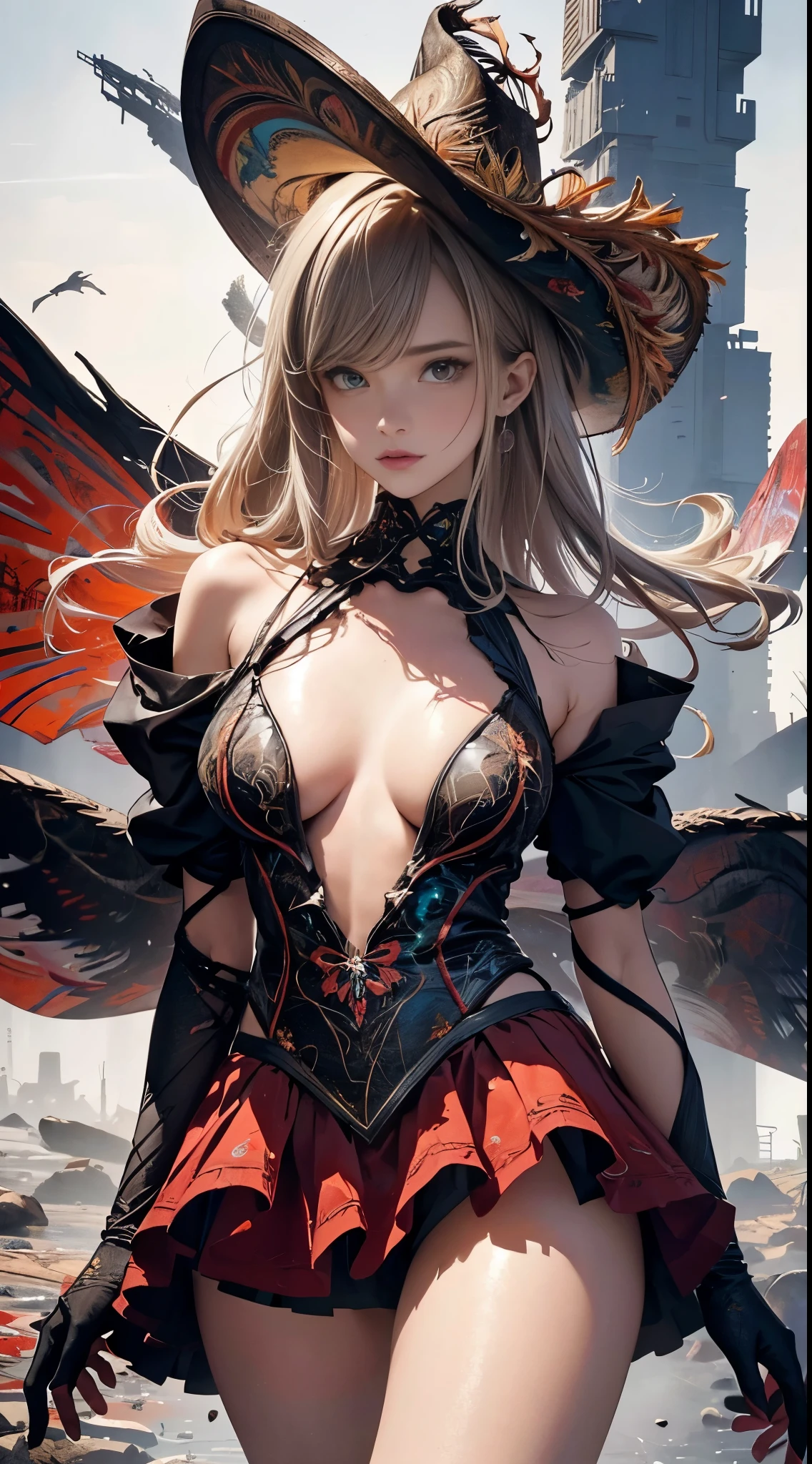 1womanl, 20yr old, (Ideal body proportionocus above the calf), Modern old town view,(((Red muffler))), Wet, white skinned, slenderness, Dark hair, Long hair, beautifullegs, surrealism, Cinematic lighting, depth of fields, One-person viewpoint, f/1.8, 135 mm, NFFSW, masutepiece, ccurate, Anatomically correct, Textured skin, Super detail, High details, High quality, awardwinning, Best quality, A high resolution, 8K,abstract expressionist painting abstract beauty,centered,((looking at the camera:1.2)),(approaching perfection:1.4),dynamic,moonlight,highly detailed,digital painting,artstation,concept art,smooth,sharp focus,illustration,art by Carne Griffiths and Wadim Kashin . energetic brushwork, bold colors, abstract forms, expressive, emotional, official art,unity 8k wallpaper,ultra detailed,beautiful and aesthetic,masterpiece,best quality,(zentangle, mandala, tangle, entangle),(fractal art:1.3),1girl,extremely detailed,dynamic angle,((cowboyshot:1.5)),(ruffle skirt),(medium breasts:1.3),the most beautiful form of chaos,elegant,a brutalist designed,vivid colours,romanticism,by james jean,roby dwi antono,ross tran,francis bacon,michal mraz,adrian ghenie,petra cortright,gerhard richter,takato yamamoto,ashley wood,atmospheric,ecstasy of musical notes,streaming musical notes visible,