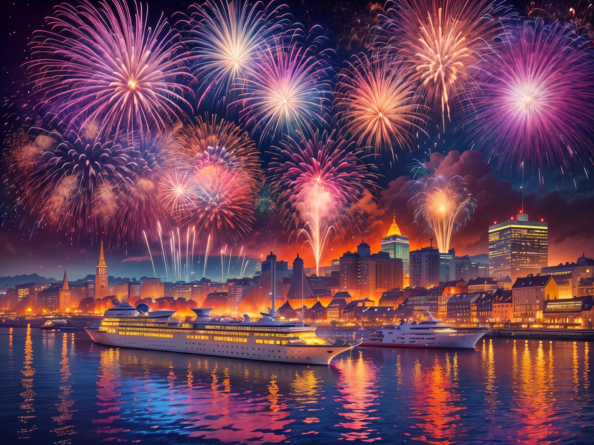 "(Best quality at best, A high resolution, ultra - detailed), view over city, flod, Cruise ships, lamp lights, fire works, wide wide shot, high-definition photography, vivd colour, glowing reflections, A bustling scene, Dramatic night sky, architectural details, sparkling water, dynamic compositions, Amazing panorama, Immersive atmosphere, energetic city lamp lights, majestic Cruise ships, vibrant fire works display, Clear detail, shocking reality, Surreal fantasy, Vivid Contrast, A captivating cinematic experience"