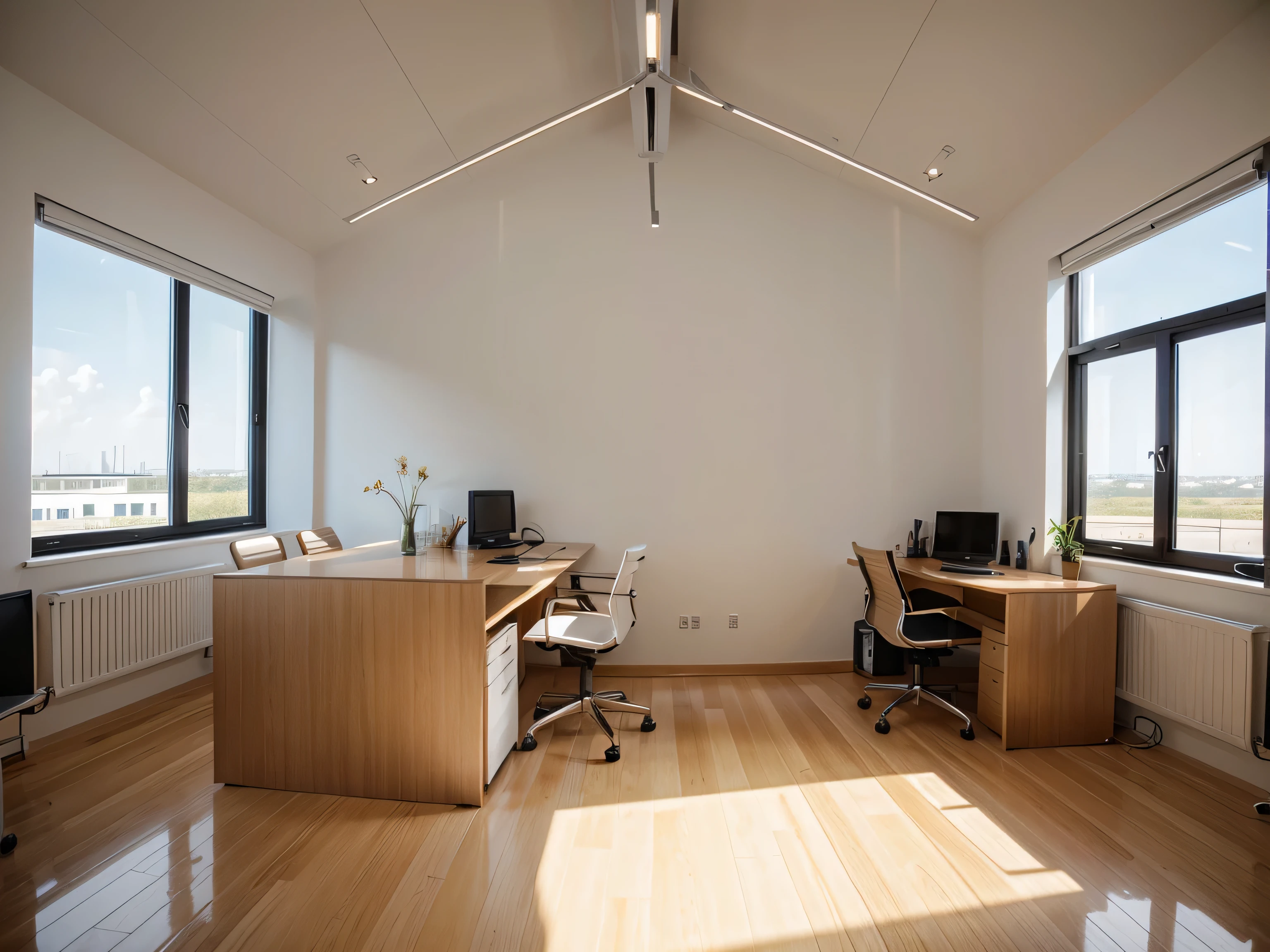 A interior of An office, minimal design. without any direct sunlight or daylight effect no sun, no daylight. From the point of view 1/3 top of picture, high ceiling, diffrent view