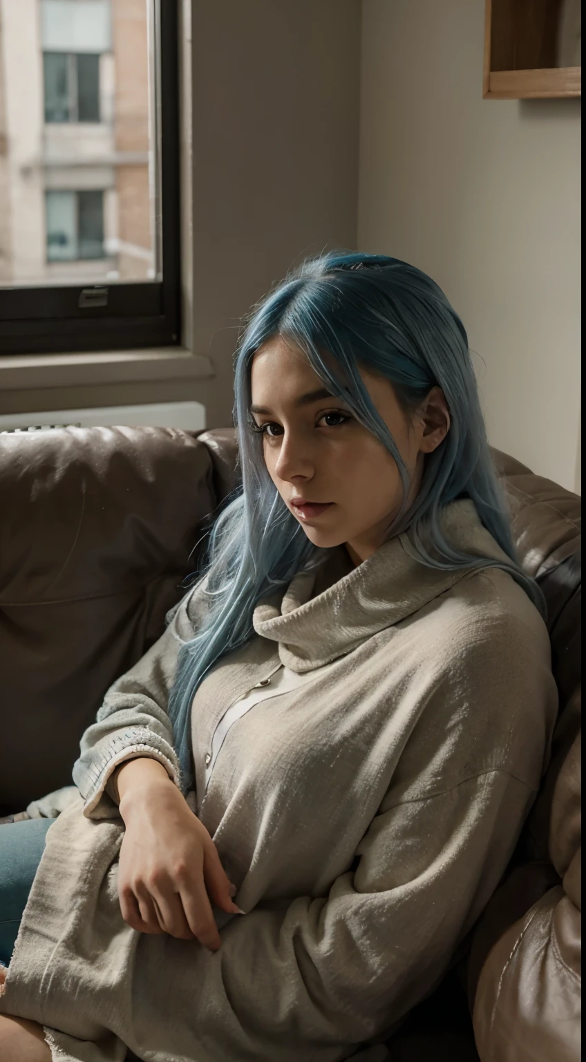 Half body view, sick woman, light blue hair, long blue hair, cute but sick, laying on a couch, sofa, 🤢, feeling ill, sick, fully clothed, wrapped in a beige blanket, thick winter blanket, realistic, hyper realistic, ultra detailed, hd, HDR, cinematography, cozy lighting