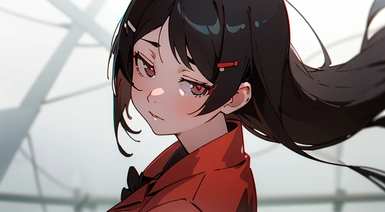 ((Best Quality)), ((masutepiece)), 1girl in,Detailed details,1girl in,Black hair,long hair with hairpin on the right side,straight haired,White eyes,Facing this way,With bangs,Dark blue blazer,tsukino_mito,