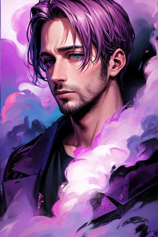 [Ryan Gosling portrait:abstract background:0.5], expressionism, violet tones, mist, smoke, digital art, muted tones, depressive, colorful background