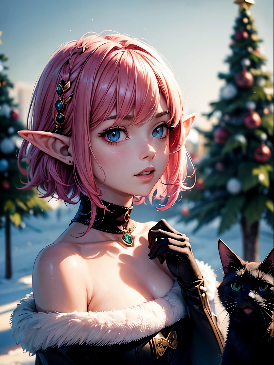 (Masterpiece) topquality, Ultra-detailed, portrait of mysterious girl with pink hair, black cat nearby, wavy short hair, elf, small chest, winter, Christmas dress, holidays, plumbob, the sims 4, High-resolution display, Realistic lighting and shadows, Breathtaking