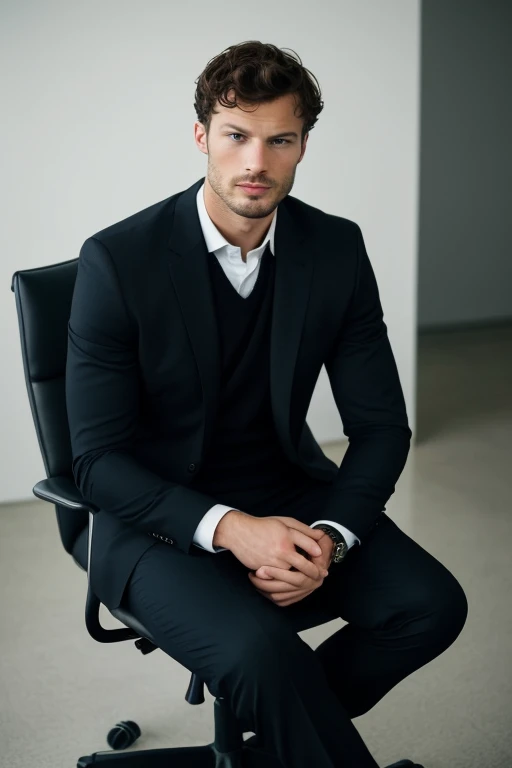 ((half body)) RAW Photo Ceo man sitting in an office chair, Jamie Dornan, wearing black suit, (Wearing dark and attractive beard) movie scene, (Impeccable) ,Serious and elegant man, Actor Jamie Dornan, with thick male eyebrows, (with mysterious and serious face,) short dark hair, dark black background image,elegant and elegant, Man similar to actor Jamie Dornan, ( high quality and realistic image), ((Best Quality, 8k, Masterpiece).