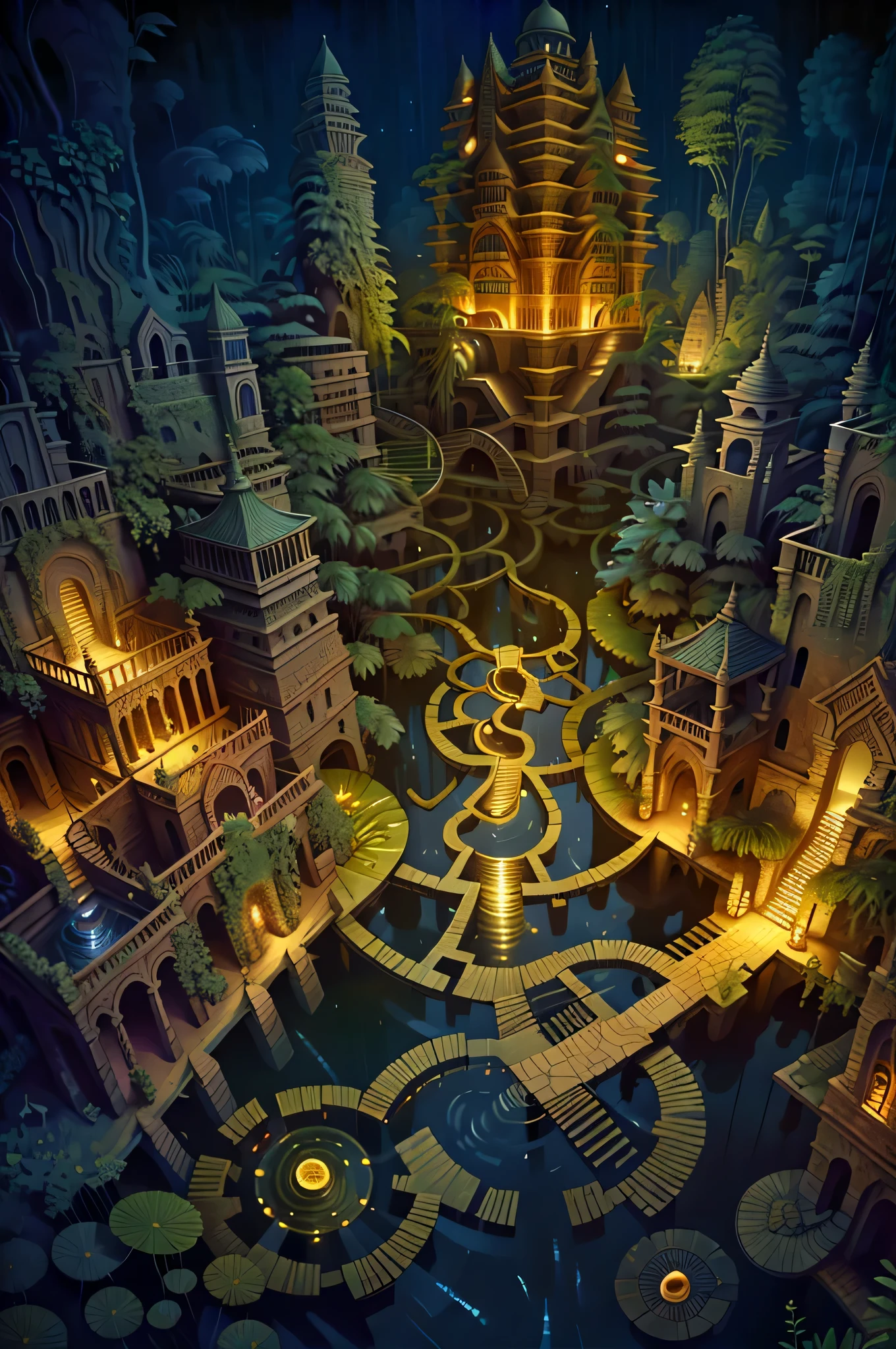 high angle, Labyrinth, hanging gardens of babylon at night, pond, mud, godrays, water lilies, reeds, fireflies, vivid color, three point perspective, cinematic lighting, intricate detail