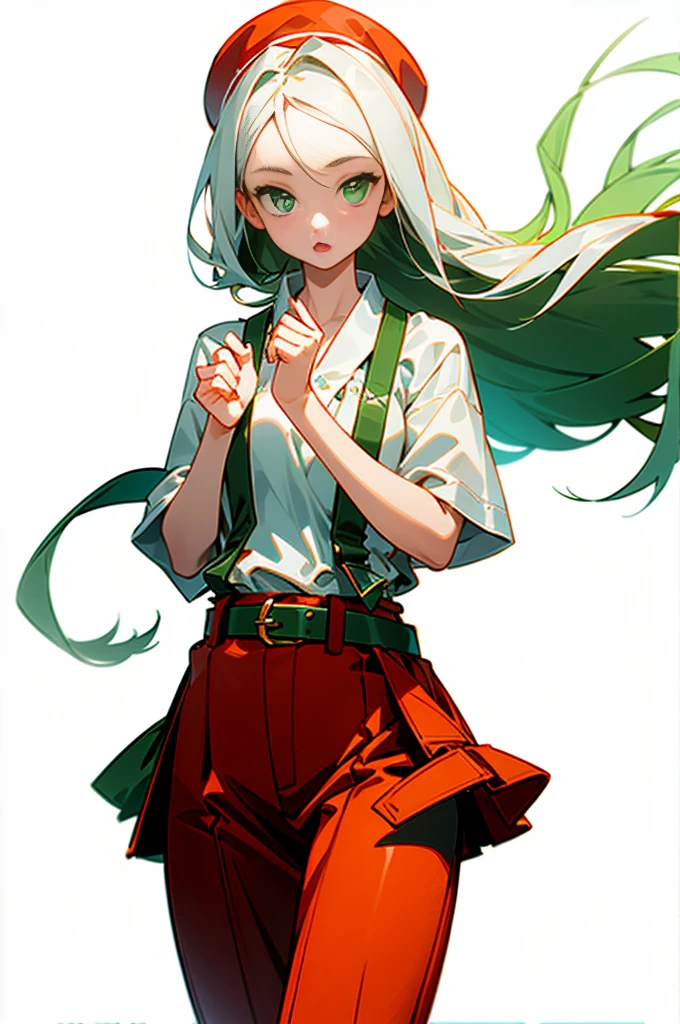 (1girl:1.3), long hair, white hair, face, front, looking at viewer,  white shirt, (green belt:1.5), red skirt, red hats, dancing, upper body, standing, (white background:1.5), hands at the back,(masterpiece:1.2), best quality, masterpiece, highres, original, extremely detailed wallpaper, perfect lighting,(extremely detailed CG:1.2),