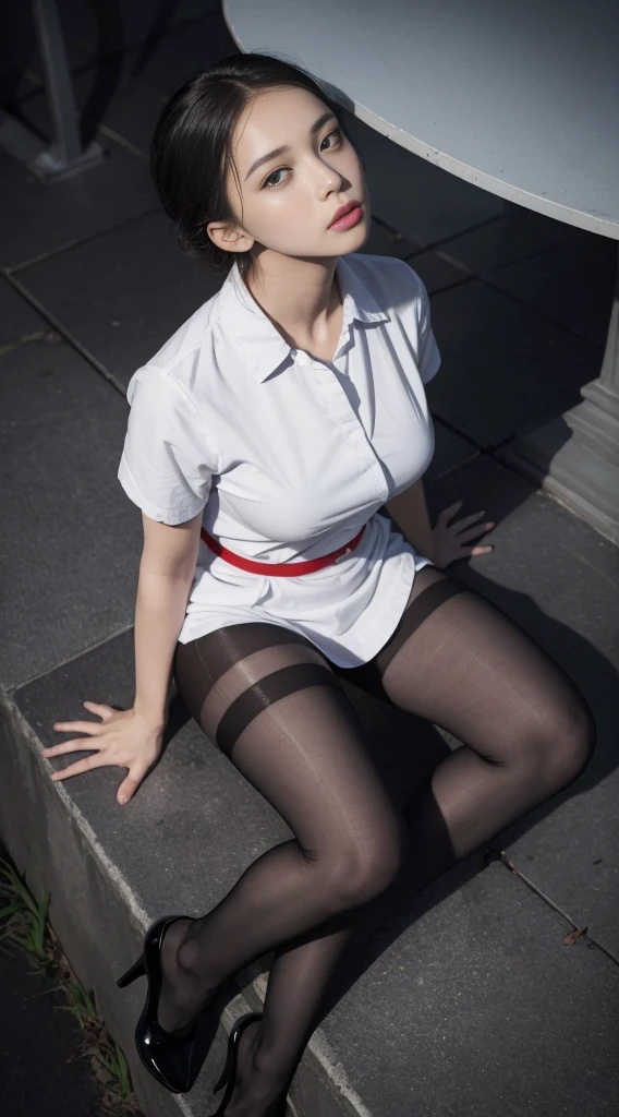 (full bodyesbian:1.5)，(1girll:1.3),(looking up at viewer:1.4)，(Anatomical accuracy:1.4),(sitting on top of the hill:1.2),(wear a nurse uniform:1.2),(Opaque pantyhose:1.3),( Woman pointy toes thick heels :1.1),(A precise and perfect face:1.3),(Long leg:1.3),Hyper HD, Ray traching, reflective light， Structurally accurate, Award-Standing, High Detail, Shadow contrast fade, Face Lighting ，Cinematic lighting, Masterpiece, Super detailing, High Quality, High Detail, Best Quality, 16 k，High contrast,Look ahead,