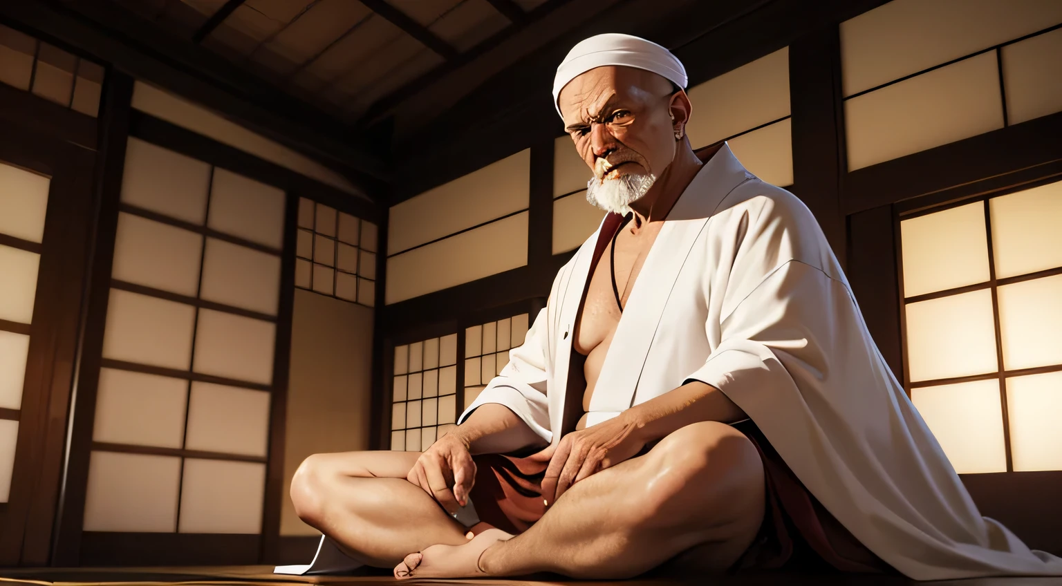 Old monk, wearing a white robe, Sitting cross-legged, Glaring, Wearing a white aura, The background is a Japanese-style room