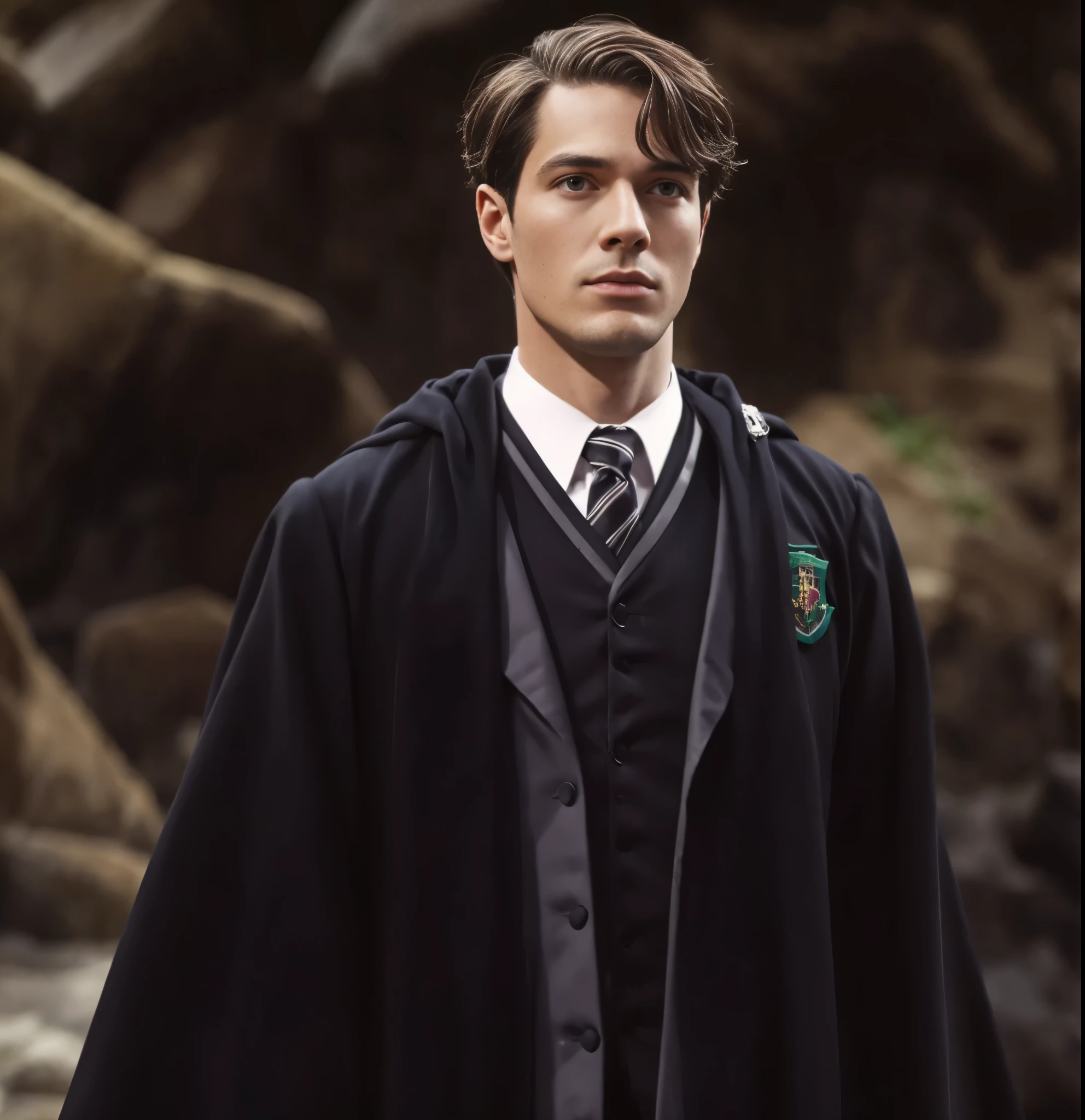 Tom Marvolo Riddle, handsome man in Harry Potter robes, Slytherin school uniform, school badge, close-up, wearing Hogwarts robes, black wizard robes, wizard costume, from Slytherin House, Magic school student uniform, magic school uniform, bachelor's uniform, knotted robe, wizard robe, Hogwarts style, black wizard robe, high quality clothing.