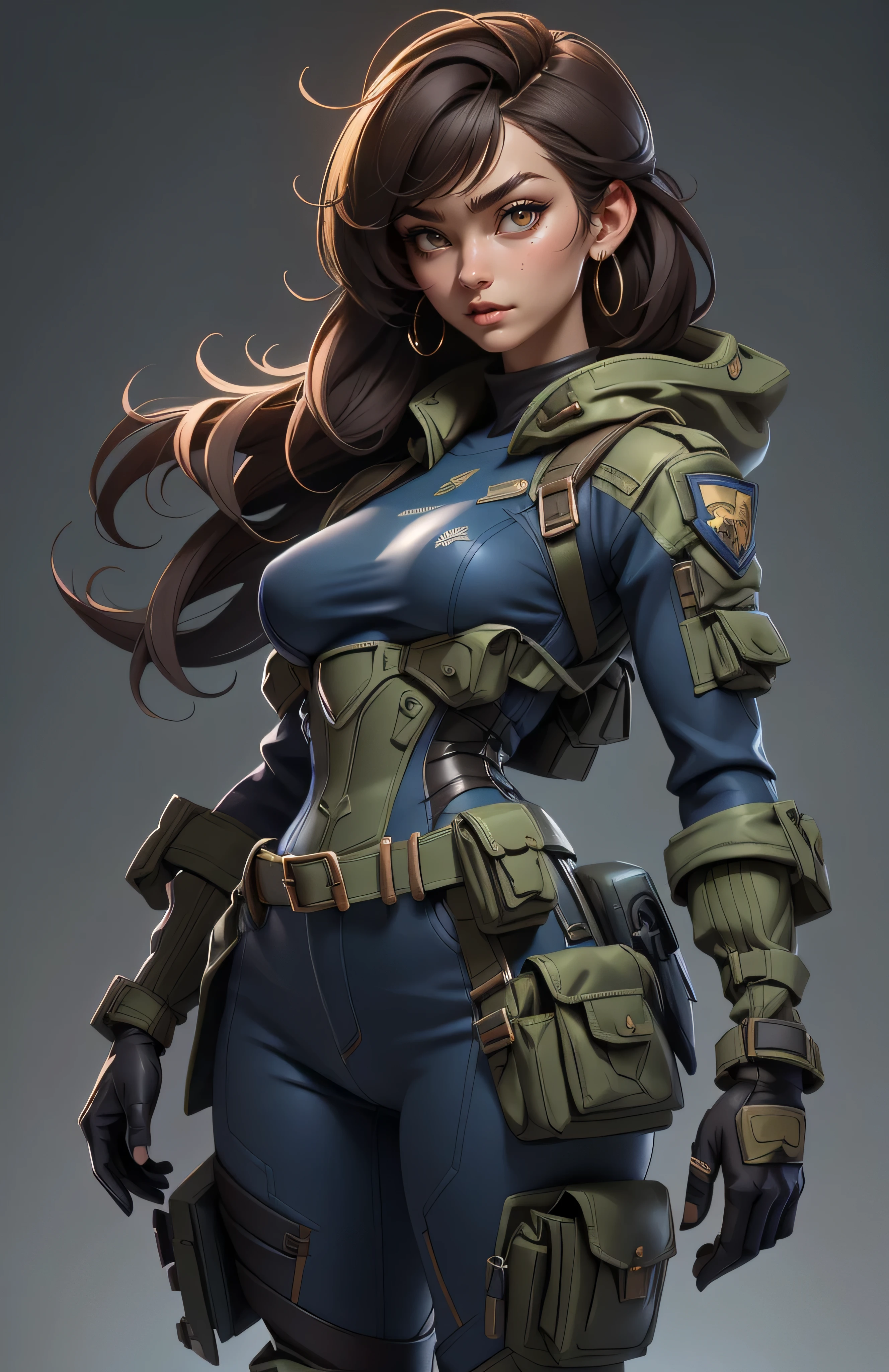 11:23(((Best quality at best: 1.4))),(无与伦比的tmasterpiece), (hyper HD),(Hyper-realistic 8k CG)、(dark colored hair) ((( body))), (((1 girl in))), 25-year-old American soldier with perfect body,,Beautiful and well-groomed face,muscular body:1.2,Solid royal blue jacket with details, (Pictures from head to thighs), Complex equipment, Manteau,long trousers,The clothes inside are dark, ),Gorgeous and fearless female warrior, fit and muscular body, military shirt, shoulder, Brown hair, tattooed arms, Full detail on the face, high detal, actual, Photoquality, high high quality, (photoactual:1.4), The content is very detailed, tmasterpiece, high high quality阴影,