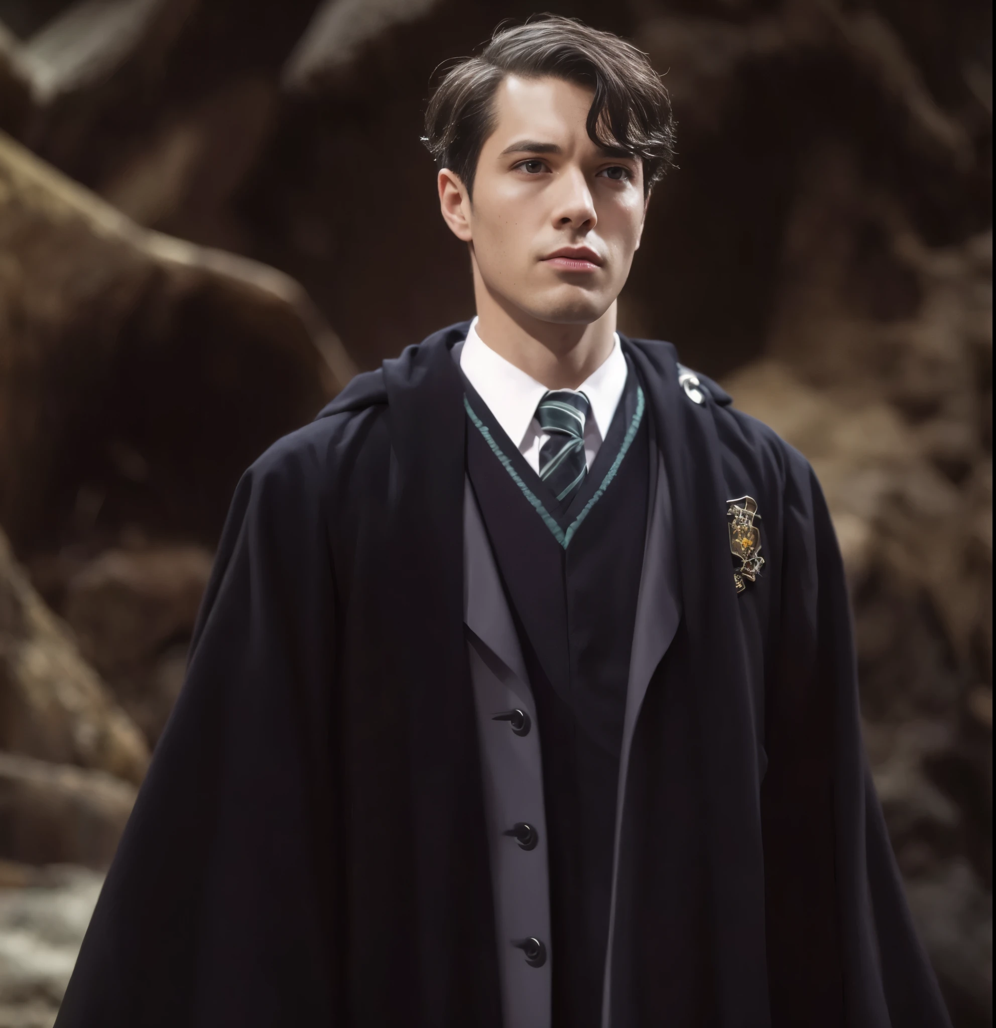 Tom Marvolo Riddle, handsome man wearing Harry Potter robes, short hair, curly hair, Slytherin school uniform, school badge, close-up, wearing Hogwarts robes, wearing black wizard robes, wizard costume, from Slytherin Leitlin College, magic school student uniforms, magic school uniforms, bachelor's uniforms, knotted robes, wizard robes, Hogwarts style, black wizard robes, high quality clothing.