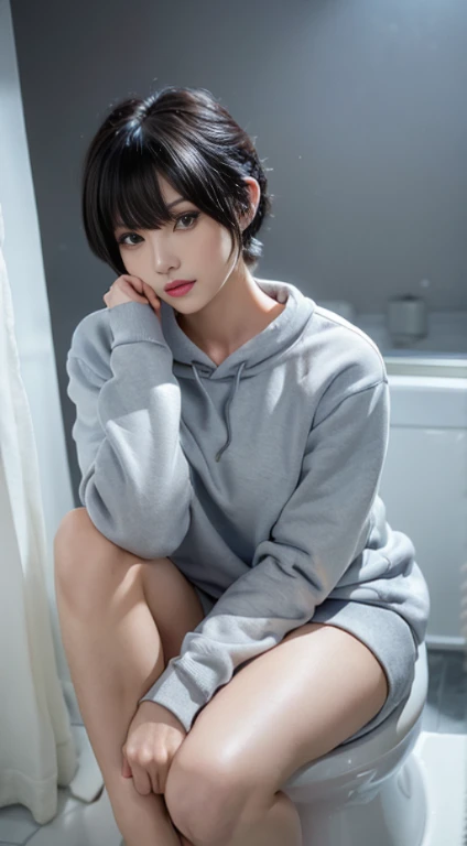 (((Sit with your feet aligned on the toilet bowl:1.8, Curl up and put your elbows on your knees:1.8, The lower part of the body is completely naked:1.8, Sweatshirt:1.5))), ((Toilet in a private room:1.5)), 1girl in, 独奏, 18year old, 7headed body, Ideal ratio body proportions, erectile nipple, short-hair, A dark-haired, With bangs, small tits, A slender, Small buttocks, beauty legs, Skinny Legs, surrealism, Cinematic lighting, depth of fields, One-person viewpoint, F/1.8, 135 mm, nffsw, masutepiece, ccurate, ((Anatomically correct:1.3)), Textured skin, Super Detail, high details, High quality, awardwinning, Best Quality, hight resolution, 8K