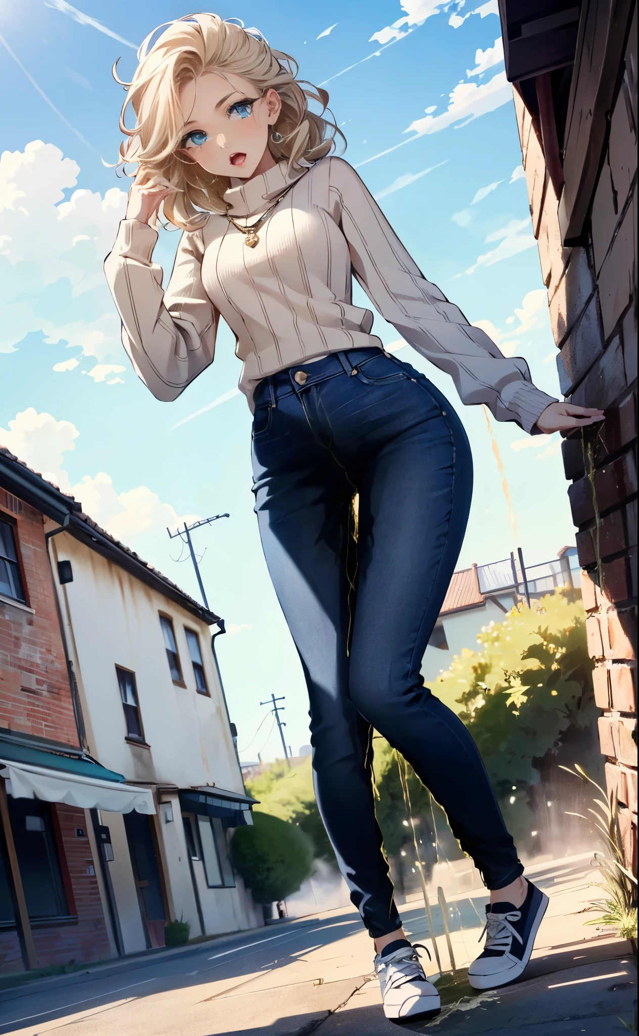 masterpiece, extremery magnificent view, perspective, extremery best quality, extremery detailed CG, 8k wallpaper, ultra high resolution, highly detailed face, highly detailed eyes, perfect anatomy, super detailed skin, not safe for work, 
(dynamic angle, dynamic pose:1.2), outdoors, rural town, (portrait, legs focus, full body shot), (beautiful face, beautiful eyes, beautiful legs:1.3), (((peeing self:1.8))),
1girl, 20-year-old, European woman, blond hair, wavy hair, shoulder lenght hair, forehead, blue eyes, blush, worried, open mouth, large breast, (white knitted sweater:1.2), skinny, wide hips, thin waist, (skinny jeans:1.4, medium blue jeans:1.4), (black sneakers)