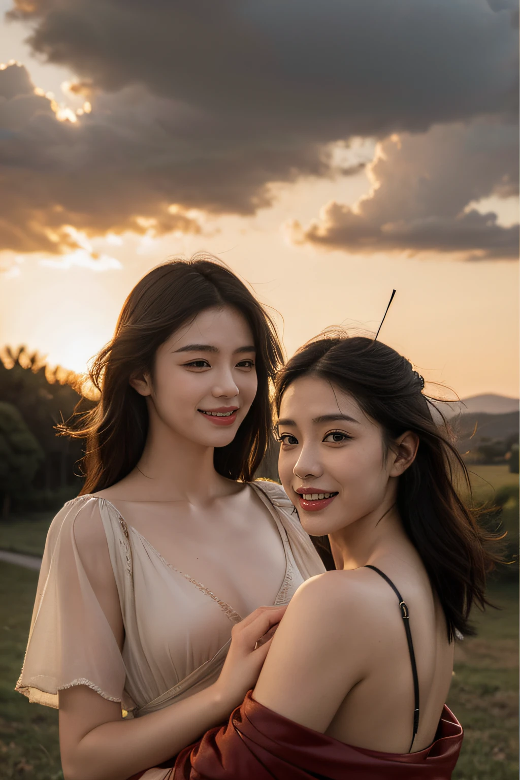 Ancient Roman landscape in the style of Poussin,A smile,,Sweet and seductive appearance.、Caravaggio's paintings、Chiaroscuro of Caravaggio、Hair disheveled in the wind,Two women frolicking,Cute smile, Expression of ecstasy,A sexy,erotick