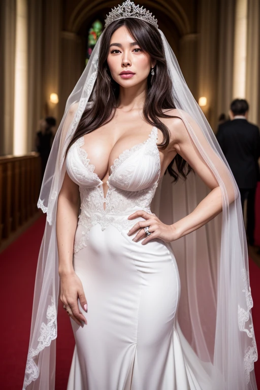 Best Quality, hight resolution, Hires, Skin definition, Detailed skin, Detailed eyes, Detailed face, 4K, 日本人A MILF, ((独奏)), (((50 years old))), (Wrinkles at the corners of the eyes:1.5), (nasolabial folds:1.5), A MILF, glamor, A sexy, Chromo-white skin, ((Straight Long Hair)), Looking at Viewer,(((Aging skin:1.3))), ((loose muscles:1.4)), (((A slender))), (((Very large breasts:1.20))), ((Saggy udder)), (Saggy buttocks), ((Japanese Models)), 4K, (photoRealistic:1.5), Realistic, nffsw, Beautiful, Bimbo, Perfect makeup, {(((weddingdress))), (((veils))), (((shining tiara))}}, ssmile, on the red carpet in the church, Full body photo,