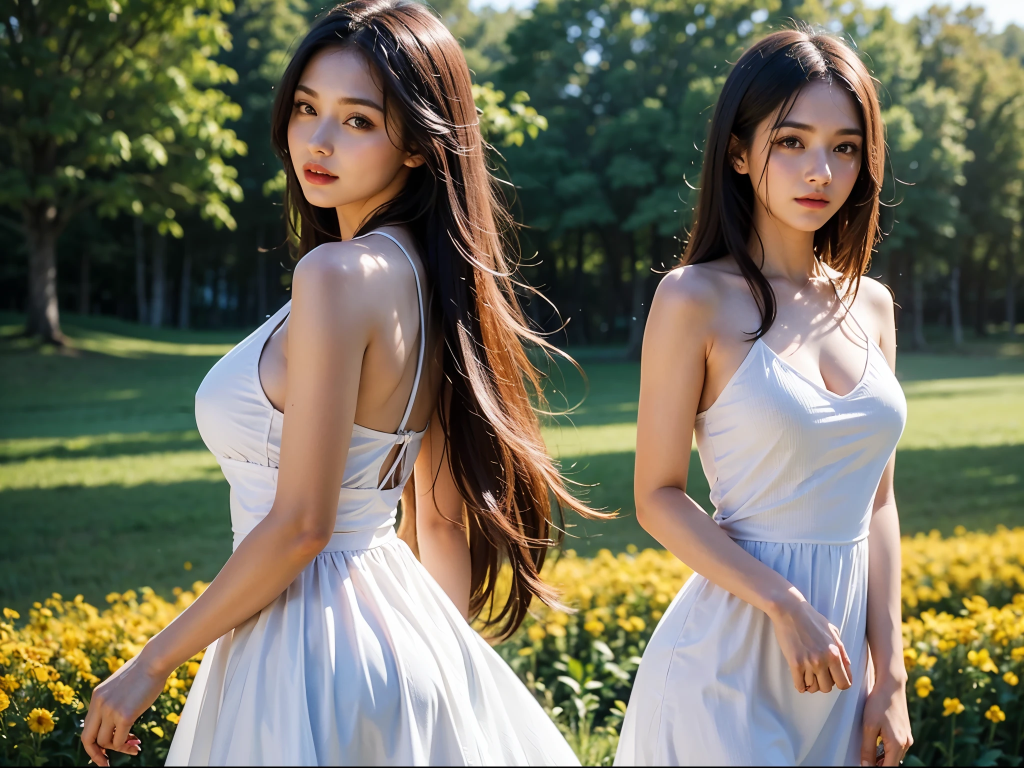 (masterpiece:1.4),, (best quality:1.4),, ultra-high res,, 8K, CG,,detailed, detailed face (extremely delicate and beautiful:1.2),, from side,, looking at viewer,, , 2 girls, fashionable,, mature girls, cute, sweet,, , in a flower field,, blurry background, long hair,, , grey eyes,, closed mouth,, red lips,, , face brushed by the wind,, , halter top sun dress,, large breasts:1.5,