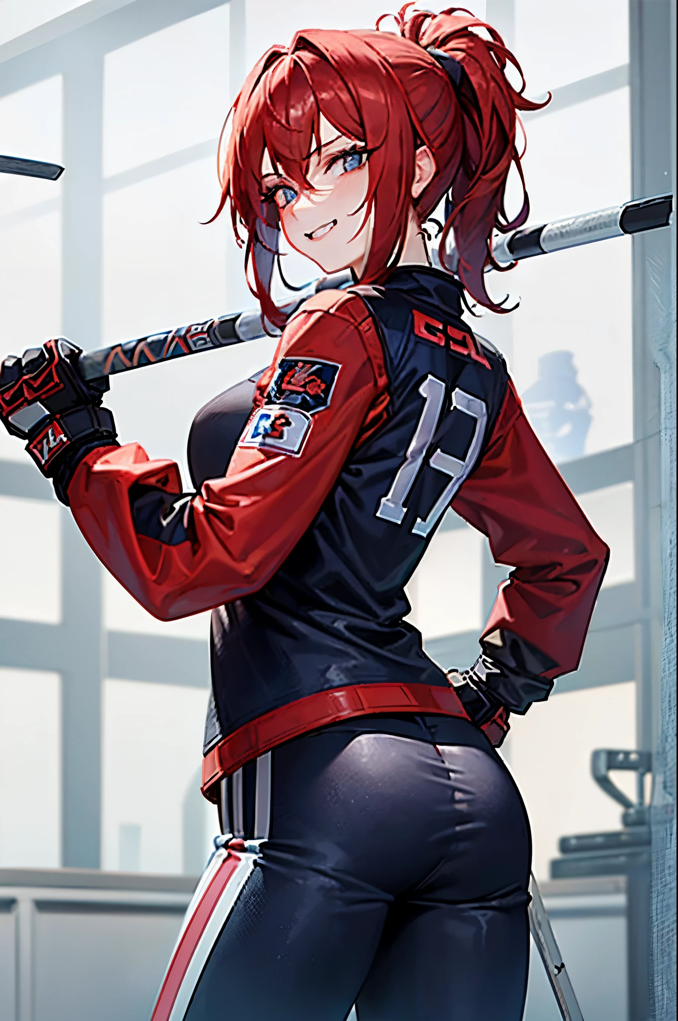 16 year old girl, tall, crimson red hair in a ponytail, dark blue eyes, white skin, (full dark blue professional warm hockey jersey covering entire body, hockey pants, hockey gloves, hockey stick, hockey helmet, hockey arena), smirking, bratty.