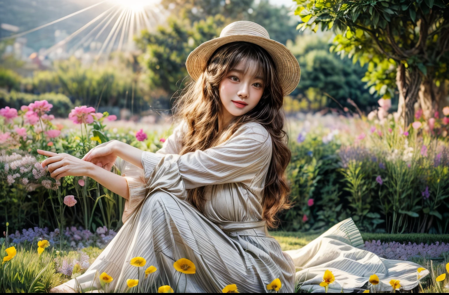 ​masterpiece、8K、32K、top-quality、(A detailed eye)、(A cute Japanese woman、bangss:1.3)、23years old、1 girl in、elegent、(garden、flower  field、Sunlight:1.5)、big smile、White sundress
