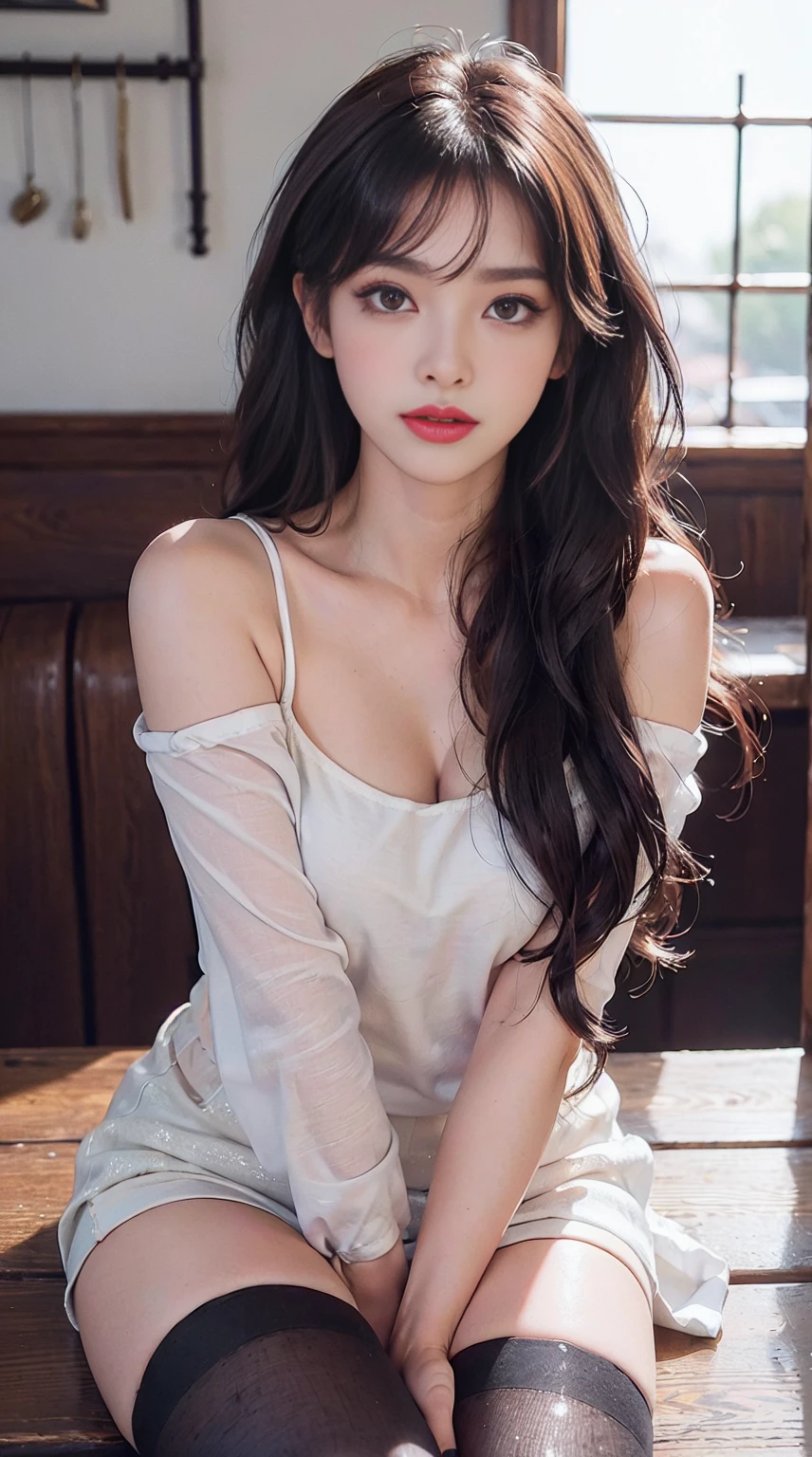 (realistic, high resolution:1.3), 1 girl with perfect figure, super fine face and eyes, long hair, tank top: 1.2 in random colors, short jeans, in a café, coffee on the table, small breasts, exposed cleavage,(20d:1.2),(thigh highs:1.4)((Detailed eyes)) ((detailed hair)), detailed skirt, detailed body, ((detailed face)) (top quality, 8k, masterpiece: 1.retty woman with perfect figure: 1.4, dark brown hair, big, wearing pendants, torn shorts, very detailed face and skin, detailed eyes, double eyelids, top quality, masterpiece, (photorealistic: 1.4), one woman, golden ratio, upper eye care, perfect face, beautiful figure, face close-up, long hair, gloss, highlight, gloss, glossy on skin, glossy on skin, wet skin, wet, bangs, cute smile, bust, off-shoulder, refreshing charm, elegant, perfect hands, shiny, highlight, glossy skin, bangs, bust, big, Warm off-shoulder, refreshing charm, ears out, gaze to the camera, poses at different angleshttps,(((Flawless Skin, Blushing Red Cheeks, Glitter Eyes and Aegyo Sal, Natural eyebrows, Curled eyelashes and thin eyeliner Blurred lips to look sexier))) ((((detail)))) ((((climax)))) (((white tanktop)))