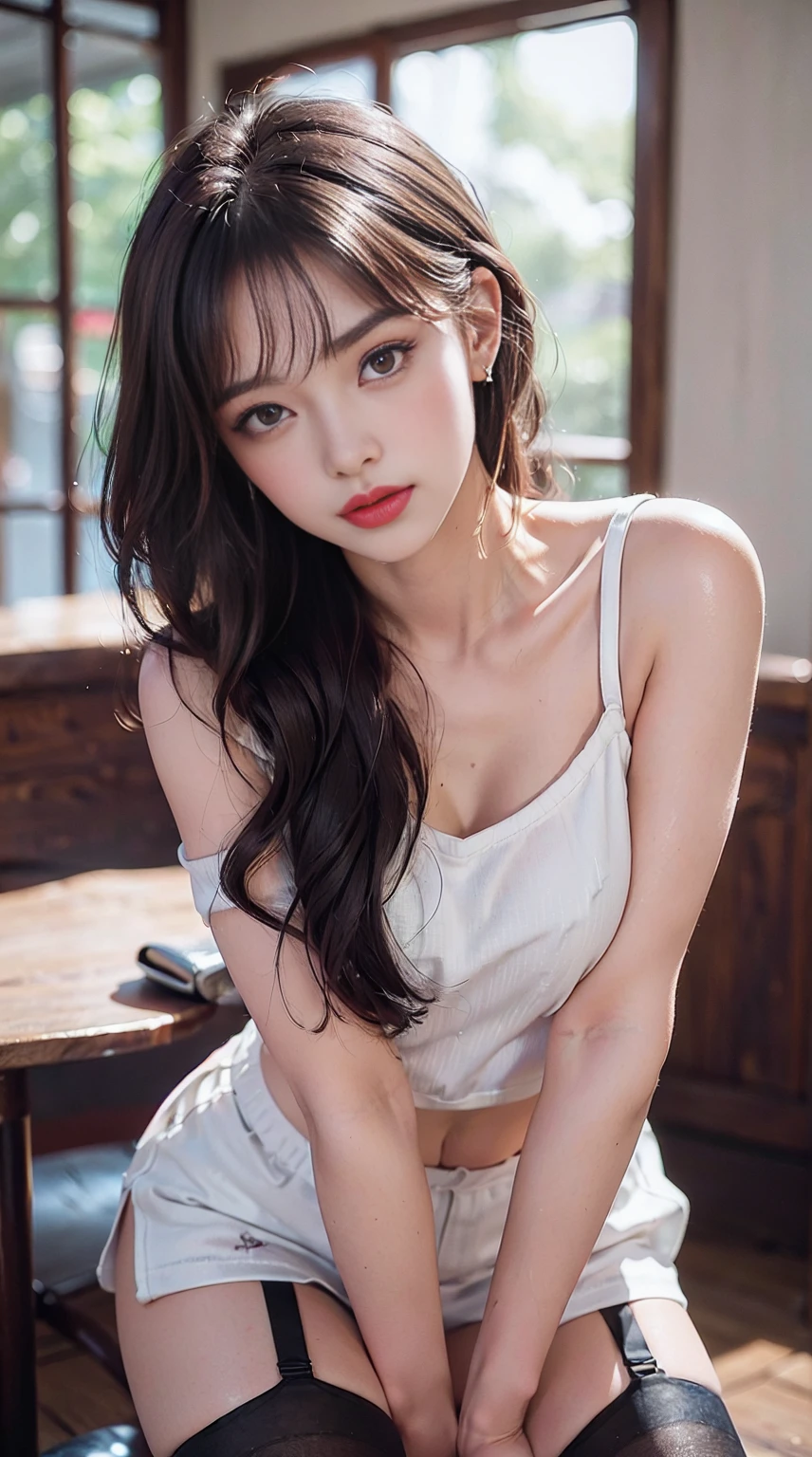 (realistic, high resolution:1.3), 1 girl with perfect figure, super fine face and eyes, long hair, tank top: 1.2 in random colors, short jeans, in a café, coffee on the table, small breasts, exposed cleavage,(20d:1.2),(thigh highs:1.4)((Detailed eyes)) ((detailed hair)), detailed skirt, detailed body, ((detailed face)) (top quality, 8k, masterpiece: 1.retty woman with perfect figure: 1.4, dark brown hair, big, wearing pendants, torn shorts, very detailed face and skin, detailed eyes, double eyelids, top quality, masterpiece, (photorealistic: 1.4), one woman, golden ratio, upper eye care, perfect face, beautiful figure, face close-up, long hair, gloss, highlight, gloss, glossy on skin, glossy on skin, wet skin, wet, bangs, cute smile, bust, off-shoulder, refreshing charm, elegant, perfect hands, shiny, highlight, glossy skin, bangs, bust, big, Warm off-shoulder, refreshing charm, ears out, gaze to the camera, poses at different angleshttps,(((Flawless Skin, Blushing Red Cheeks, Glitter Eyes and Aegyo Sal, Natural eyebrows, Curled eyelashes and thin eyeliner Blurred lips to look sexier))) ((((detail)))) ((((climax)))) (((white tanktop)))