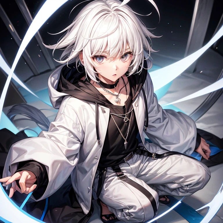 white hair、midiam、White-eyed、Black sword、White hoodie、Black pants、Neutral face、手链、a necklace、gyuru、Ahoge、short stature