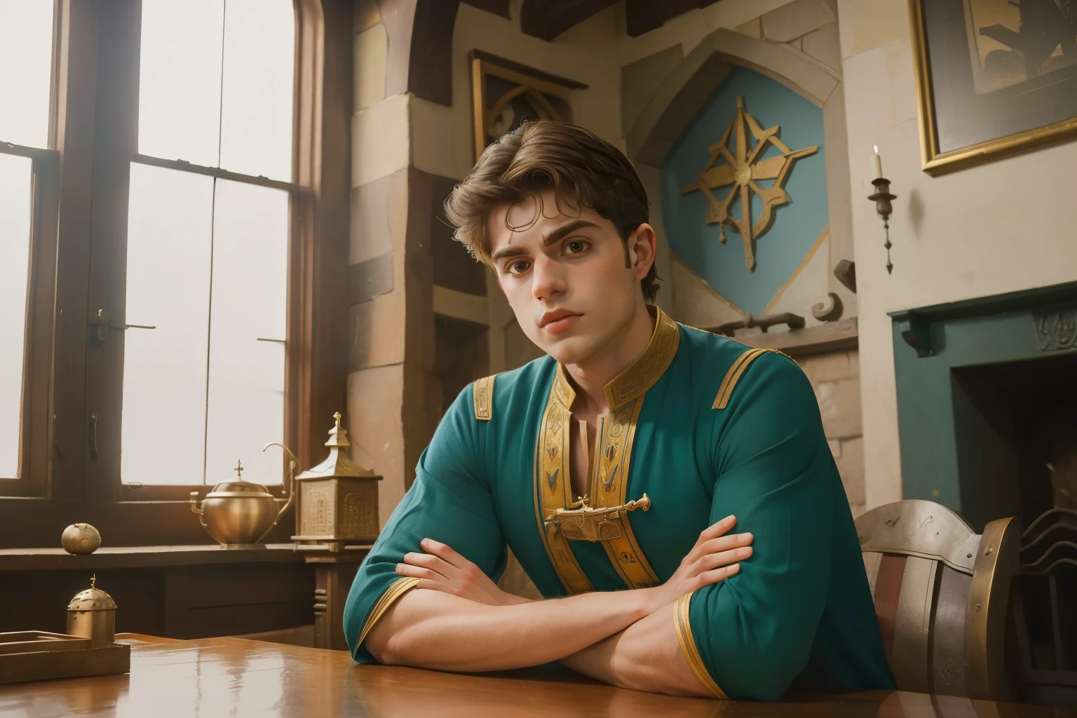 1143, Kingsbridge, England. otherworldly scene in a medieval house, ((((20-year-old)) Matthew Daddario)), arms crossed, angry, frustrated, ((((tunic from the 12th century)))), ((Hairstyle of the 12th century)), ((Wes Anderson cinematic style)), colorful