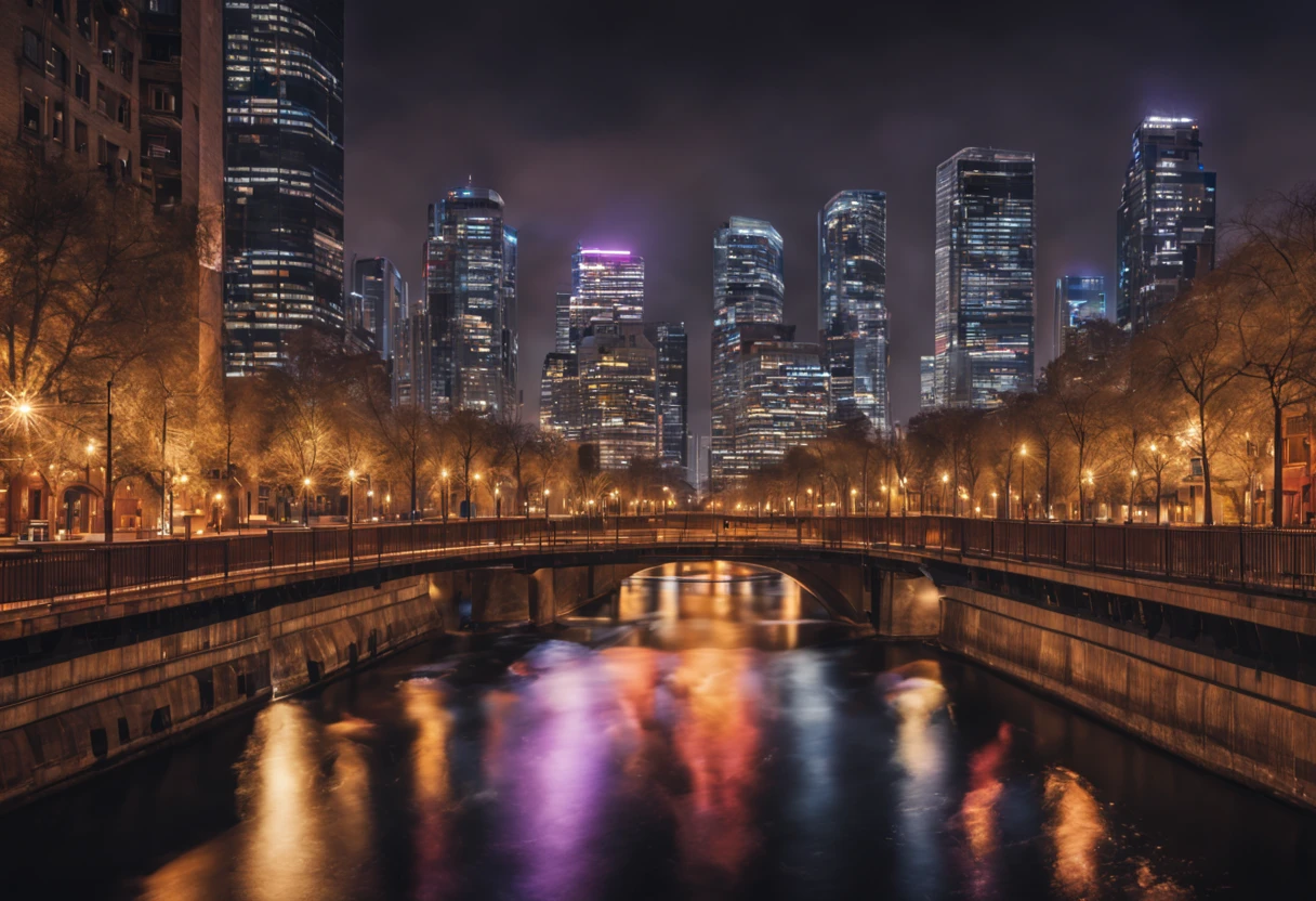 (best quality,4k,8k,highres,masterpiece:1.2),ultra-detailed,(realistic,photorealistic,photo-realistic:1.37),professional,vivid colors,cityscape,night scene,lively atmosphere,illuminated streets,crisp details,impressive composition,award-winning image,expertly captured shadows,striking contrast,dynamic perspective,dazzling lights,strong sense of depth,hustle and bustle,twinkling stars,glistening reflections,impressive urban skyline,exquisite color grading,well-balanced exposure,creative lighting effects,mesmerizing nocturnal ambiance,awe-inspiring aesthetics,spectacular architectural landmarks,exceptional composition skills,twilight backdrop,skilled long exposure techniques,immersing viewers in the urban night scene,expertly crafted masterpiece,meticulous attention to detail,impressive sense of scale,expressive night-time colors,transcendent urban photography,city's vibrant energy,creative use of shadows and highlights,immersive nocturnal experience,compelling visual storytelling,expertly executed night-time shot