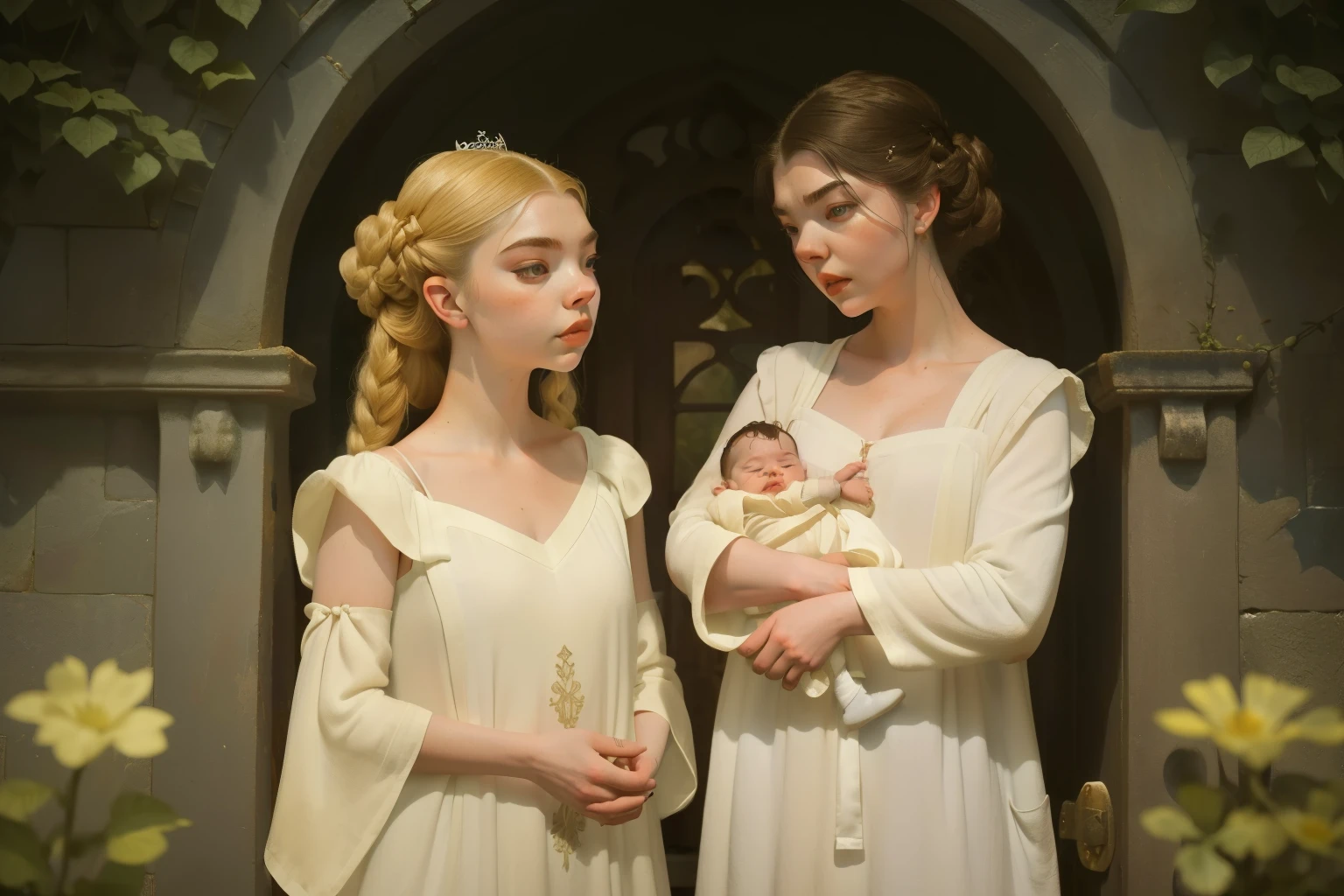 1143, Kingsbridge, England. otherworldly scene in a medieval house garden, ((((34-year-old)) Anya Taylor-Joy)), holding er grandson, a boy, ((((poor plain tunic gown from the 12th century)))), ((Hairstyle of the 12th century)), ((Wes Anderson cinematic style)), colorful