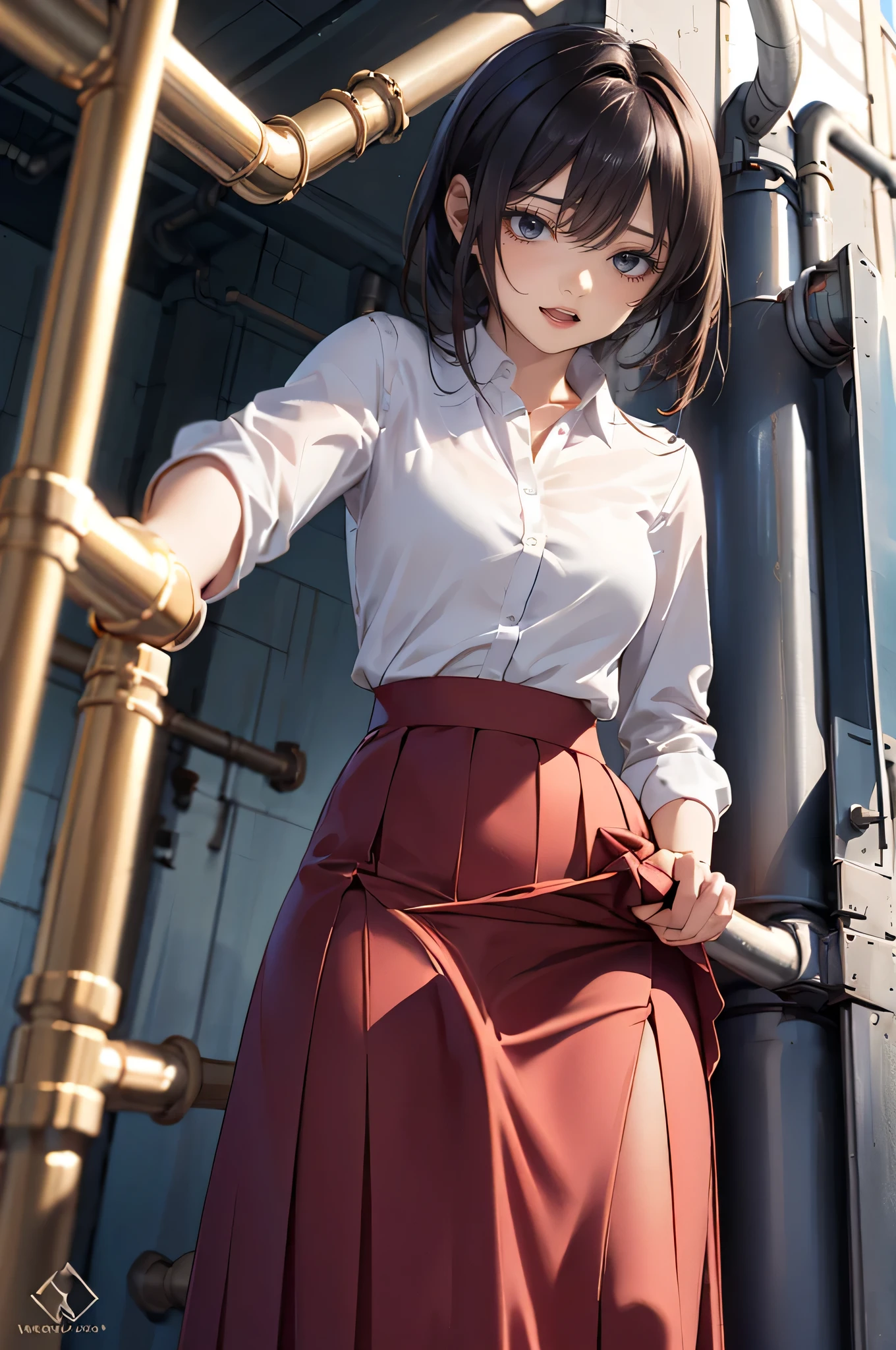 business clothes, drooping eyes, ecstasy, sleepy face, precise drawing of luxurious and adult panties, (((hit her crotch against the pipe))), (((hide crotch with a long skirt))), open legs, ecstasy, outside, various place, various time zones,