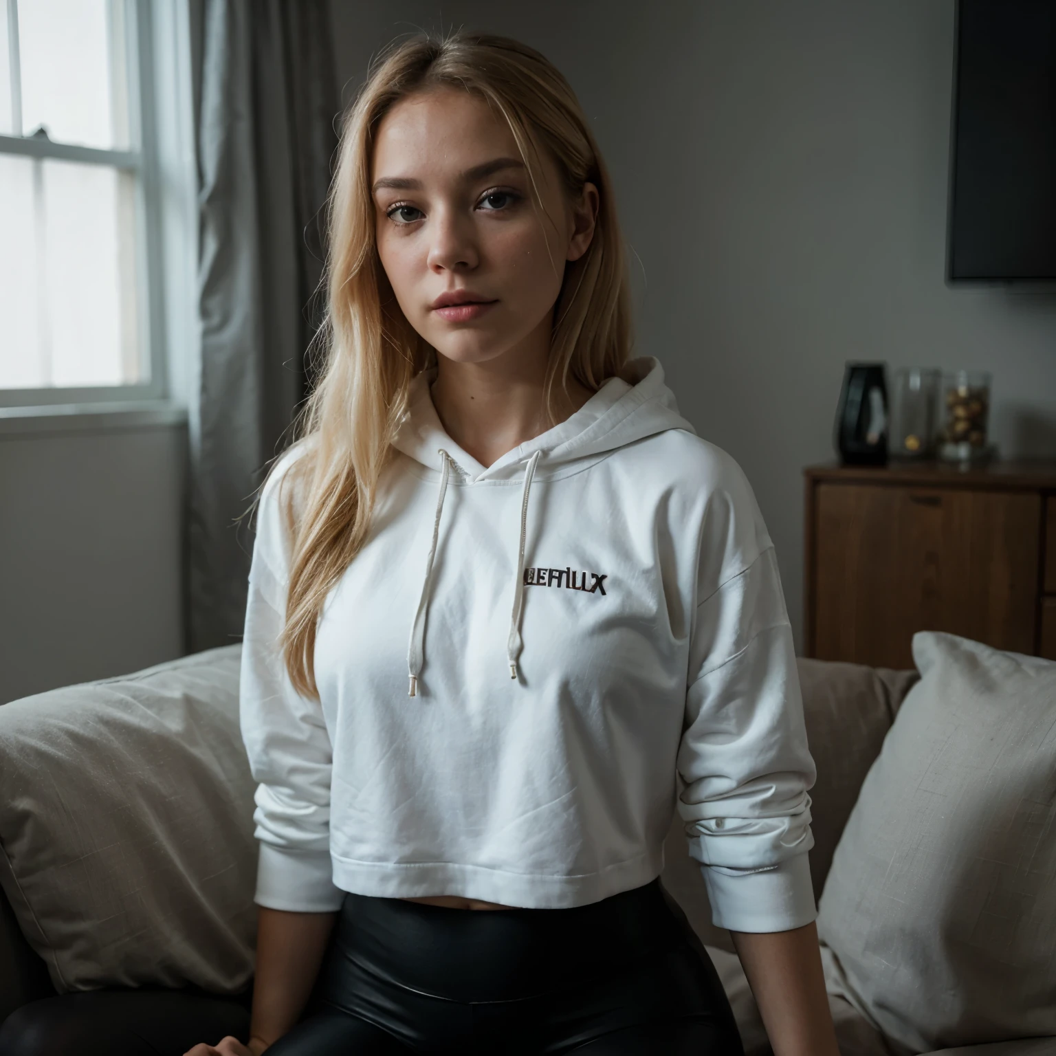 Beautiful girl inside her home watching Netflix, cinematic lighting, full clothing, wearing leggings and white hoodie, enjoying pop-corn, zoom out shot, blonde hair, dark cinematic tone and lighting, cinematic blur and focus on character and television, watching TV, watching Netflix