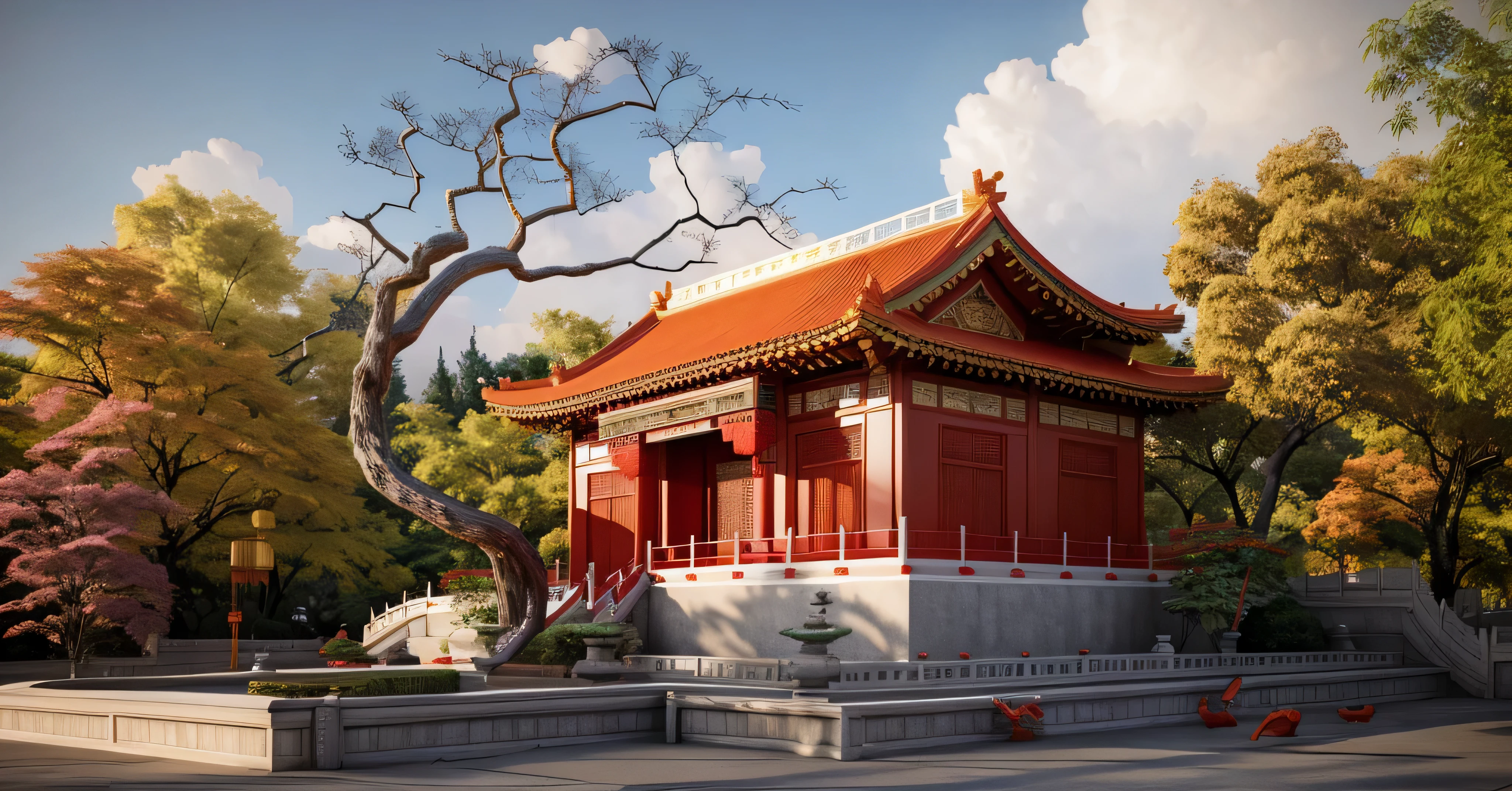 Feide red-roofed Chinese-style architectural image, 3 d Vray rendering, rendered in vray, rendervray, cg render, cg rendering, high-detailed rendering, Vray rendering, render 3d, Vray renderinged, very detailed render, 3D final rendering, 3D final rendering, 3d final render, High-detail 3D rendering