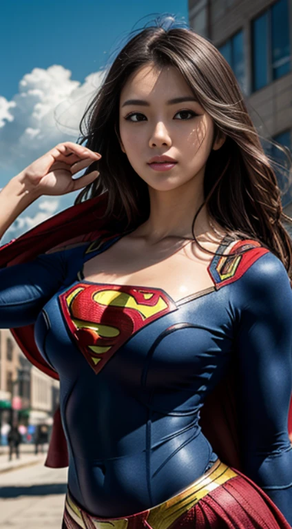 8k, high res, HQ, UHD, (photorealistic:1.4), masterpiece, hyper-realistic detailed photography of (beautiful korean girl), (wearing superman suit:1.3), 23 years old, (dynamic pose:1.4), (wonderful skyscape, clouds, cityview), slim fit body with a bit sweat, look at me, huge boobs, sexypose, sagging breast, detailed body feature, proportional perfect body, petite posture, detailed perfect hand, good hand, clear bright skin, lustly look, symmetricaly face, perfect face feature, detailed face, Intricate detailed grey blue eyes, seductive smile, detailed perfect lips, sensual lips, detailed long brunette hair, messy style with bang, perfect composition, dynamic lighting, summer atmosphere, natural blue colors, (medium close up:1.2), seen from below, (focus on face:1.2), dramatic lighting, photon mapping