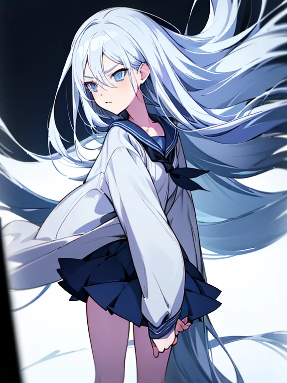 1girl in，Detailed details，White hair，Very long hair，light blue  eyes，Sailor Uniform，Standing in the center，Fluttering hair，Ferocious