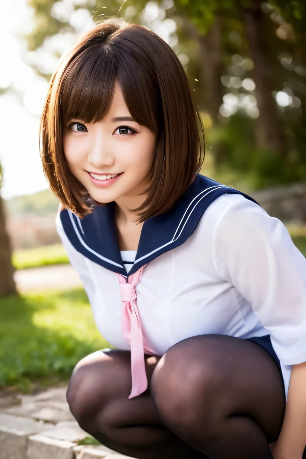 masterpiece, best quality, ffnoel, short hair, x hair ornament, green eyes, blue bowtie,smile, outdoors, cherry blossoms, standing, cowboy shot, open mouth,nude,nude,cowgirl sex