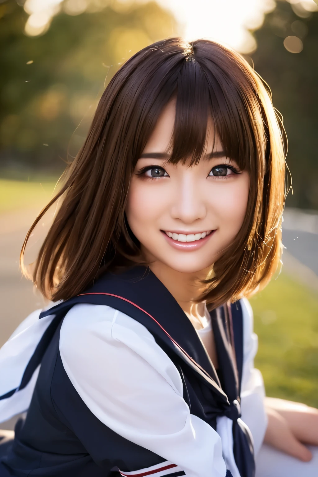 ((masutepiece)), ((Best Quality)), (Ultra-detailed), ((kawaii)), quavery), ((Sexy)), ((Extremely detailed)), (Detailed eyes), (detailed facial features), (Detailed fingers), (detailed clothes features), 4K, (8K), (Beautiful), Illustration, Pretty japanese woman, 1 woman, (Sailor Suit:1.3), Squatting, Beautiful light brown hair, (a short bob:1.2), Beautiful blue eyeeautiful eyes)), Large breasts, tights, Hair ornaments, Smile, White teeth, blush, School, evening, Lens Flare, shiny