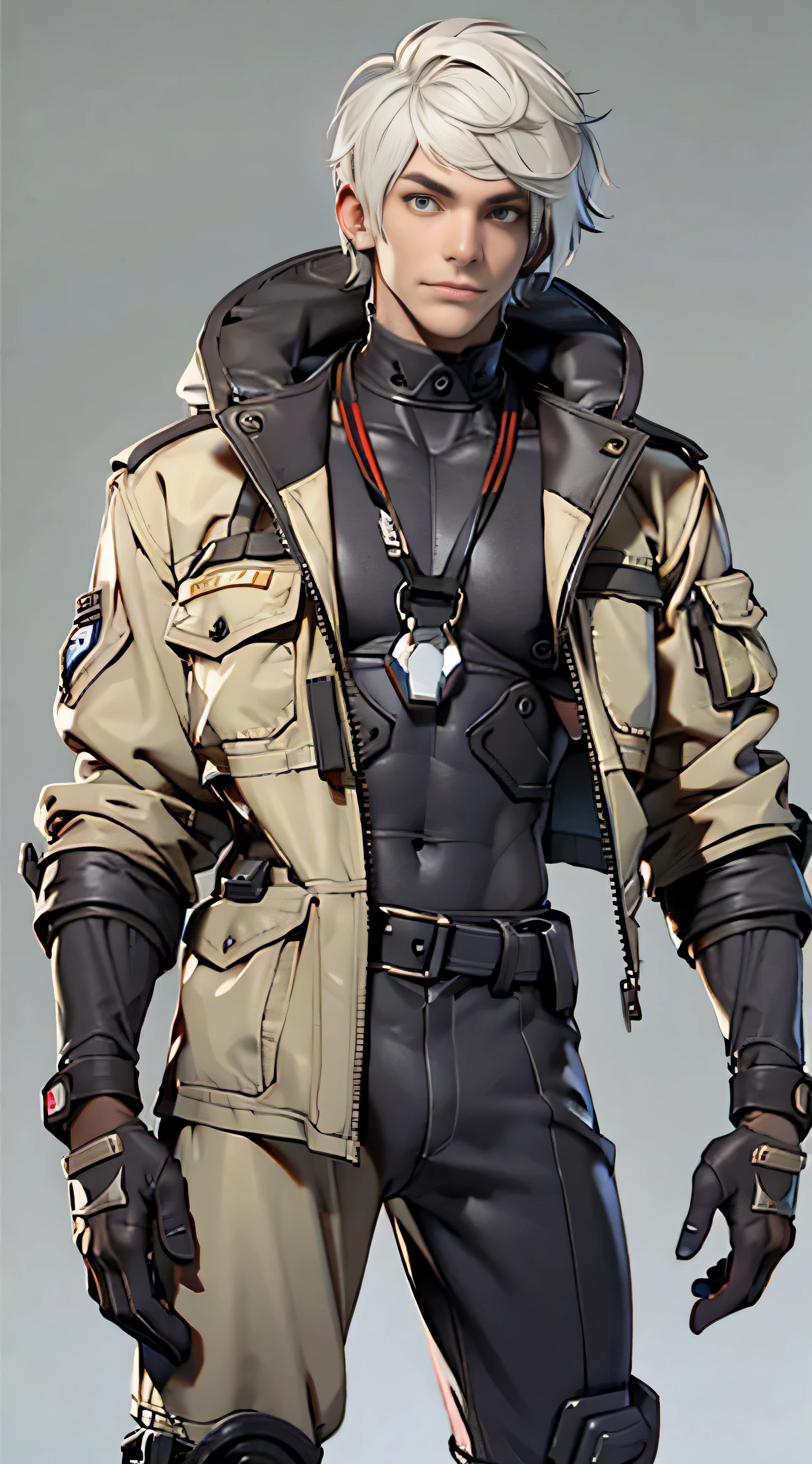 11:23(((Best quality: 1.4))),(Unbeatable masterpiece), (hyper HD),(Hyper-realistic 8k CG)、(Light white hair),(Brush cut), ((( body))), (((1 young person))),35-year-old American soldier with perfect body,,delicated face,muscular body:1.2,Solid royal gray jacket with details, (Pictures from head to thighs), Complex equipment, Dark purple coat,long trousers,The clothes inside are dark,Clothes with metal technical parts,Tech Armor )